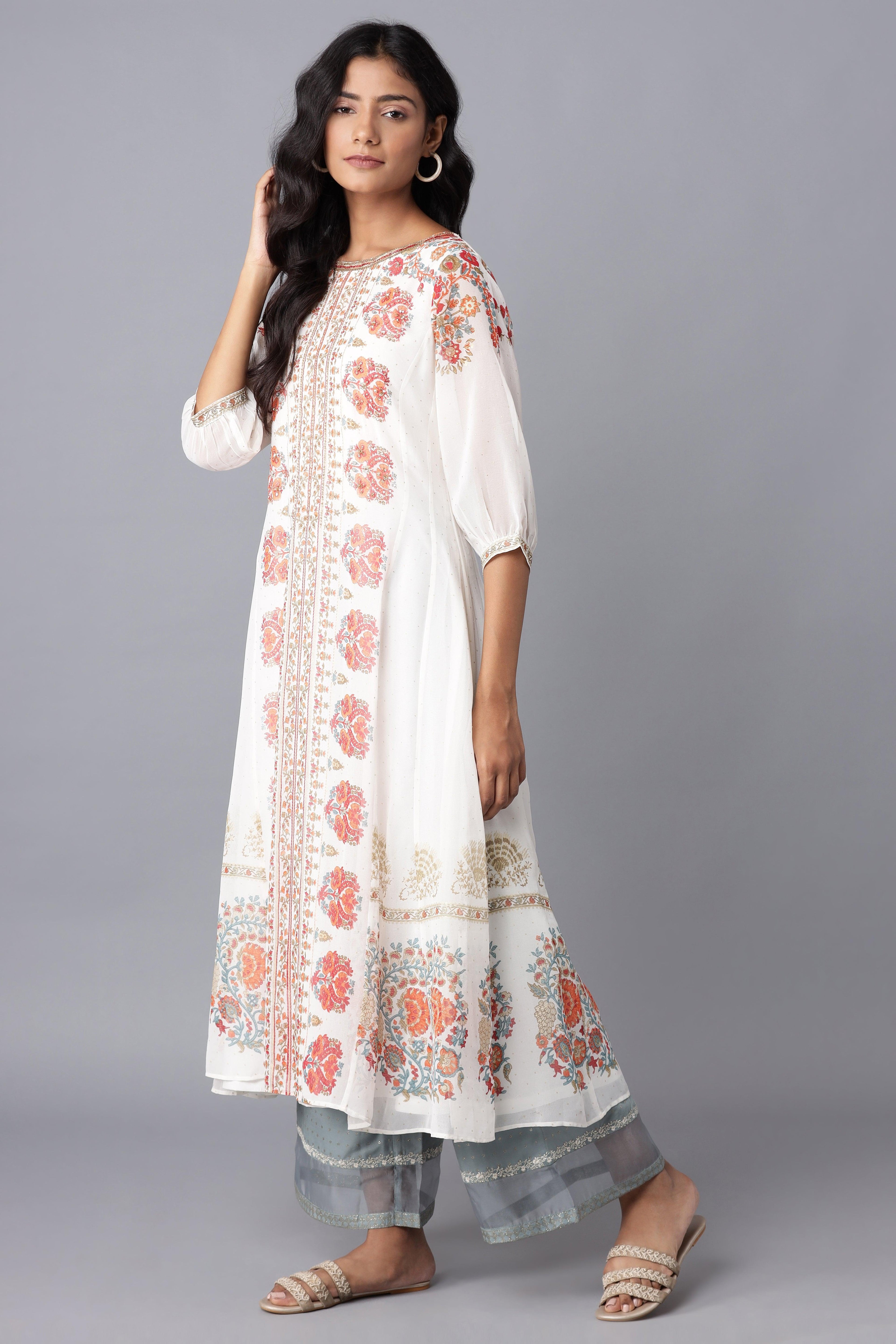 Ecru Floal Print Panelled A-line kurta - wforwoman
