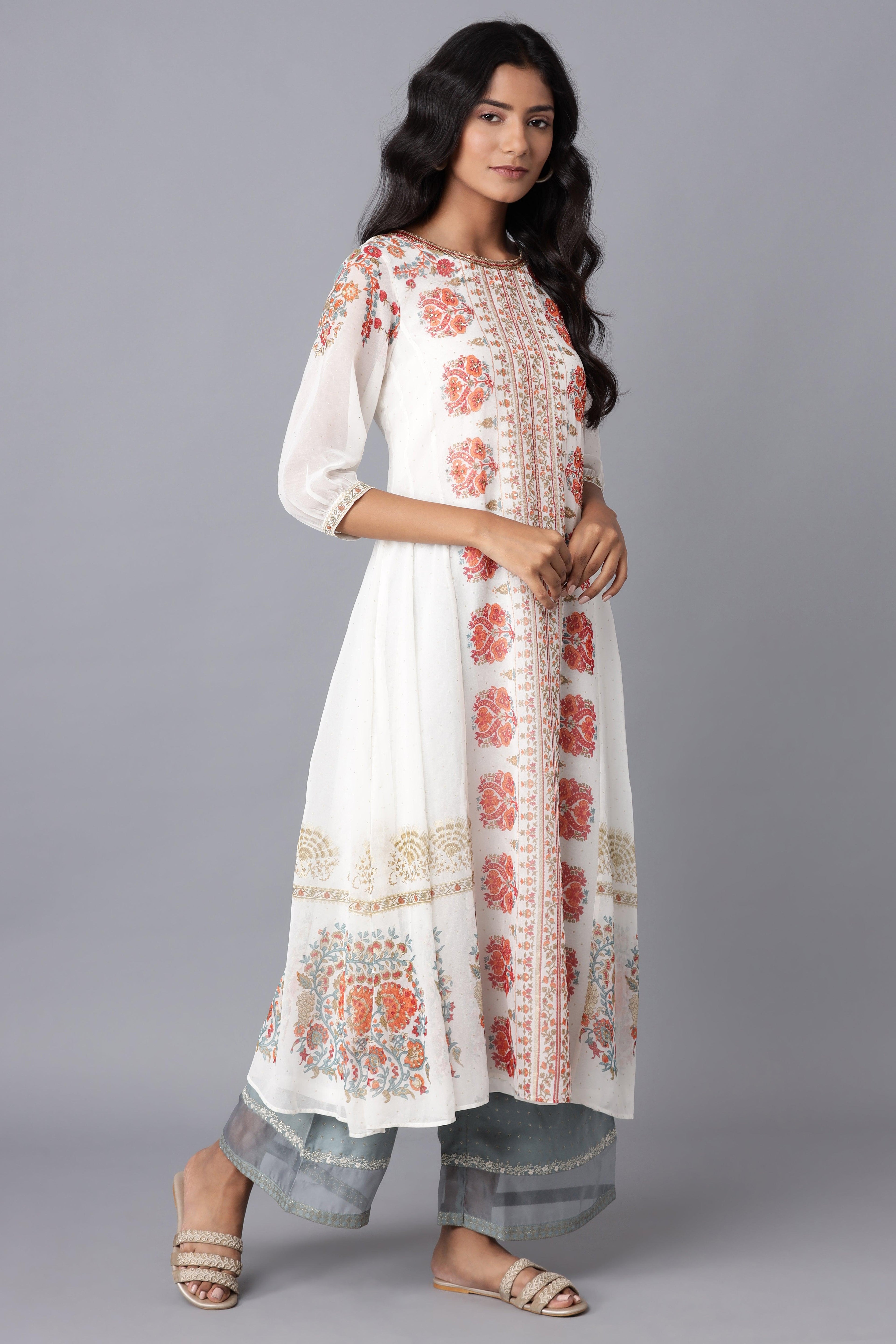 Ecru Floal Print Panelled A-line kurta - wforwoman