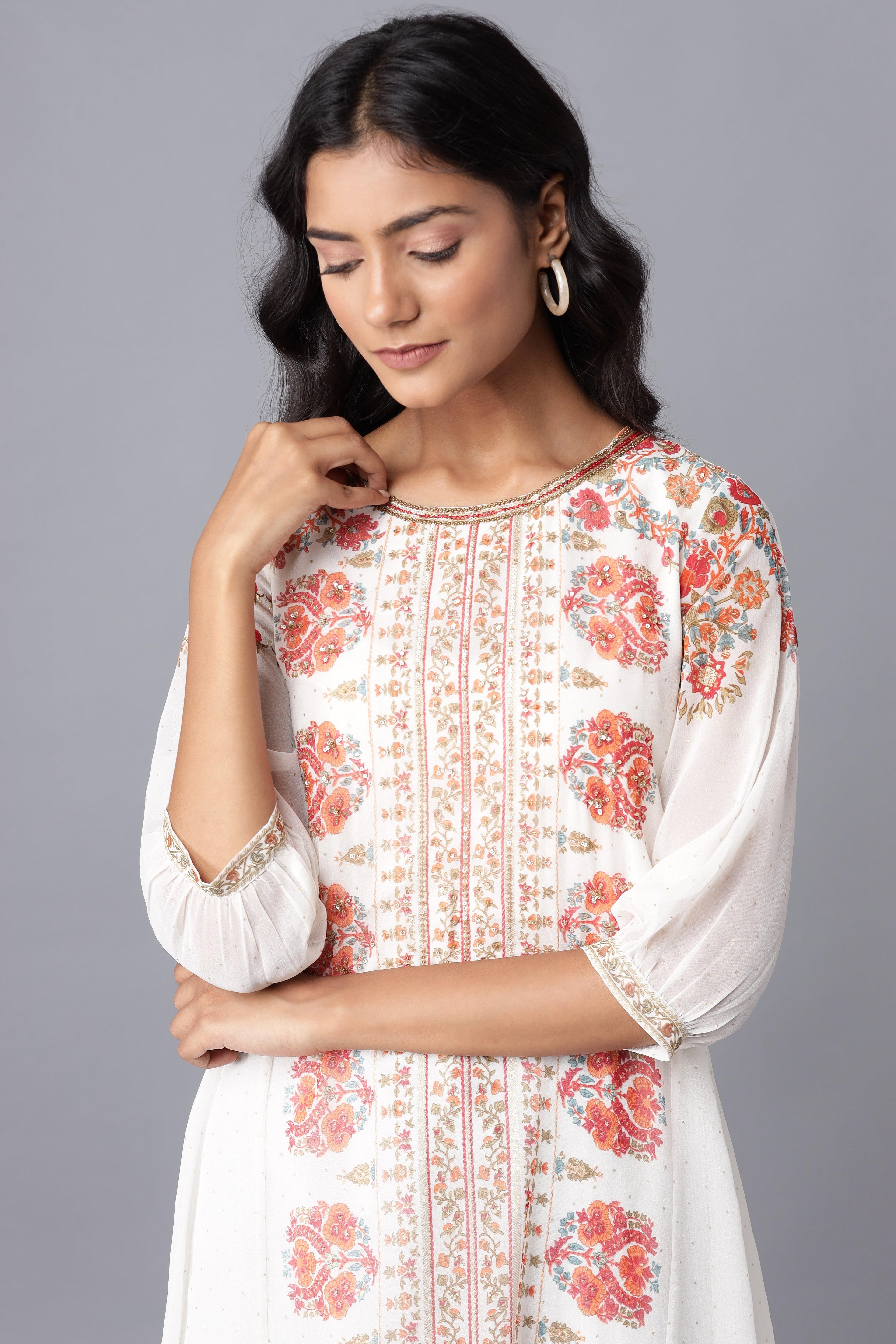Ecru Floal Print Panelled A-line kurta - wforwoman