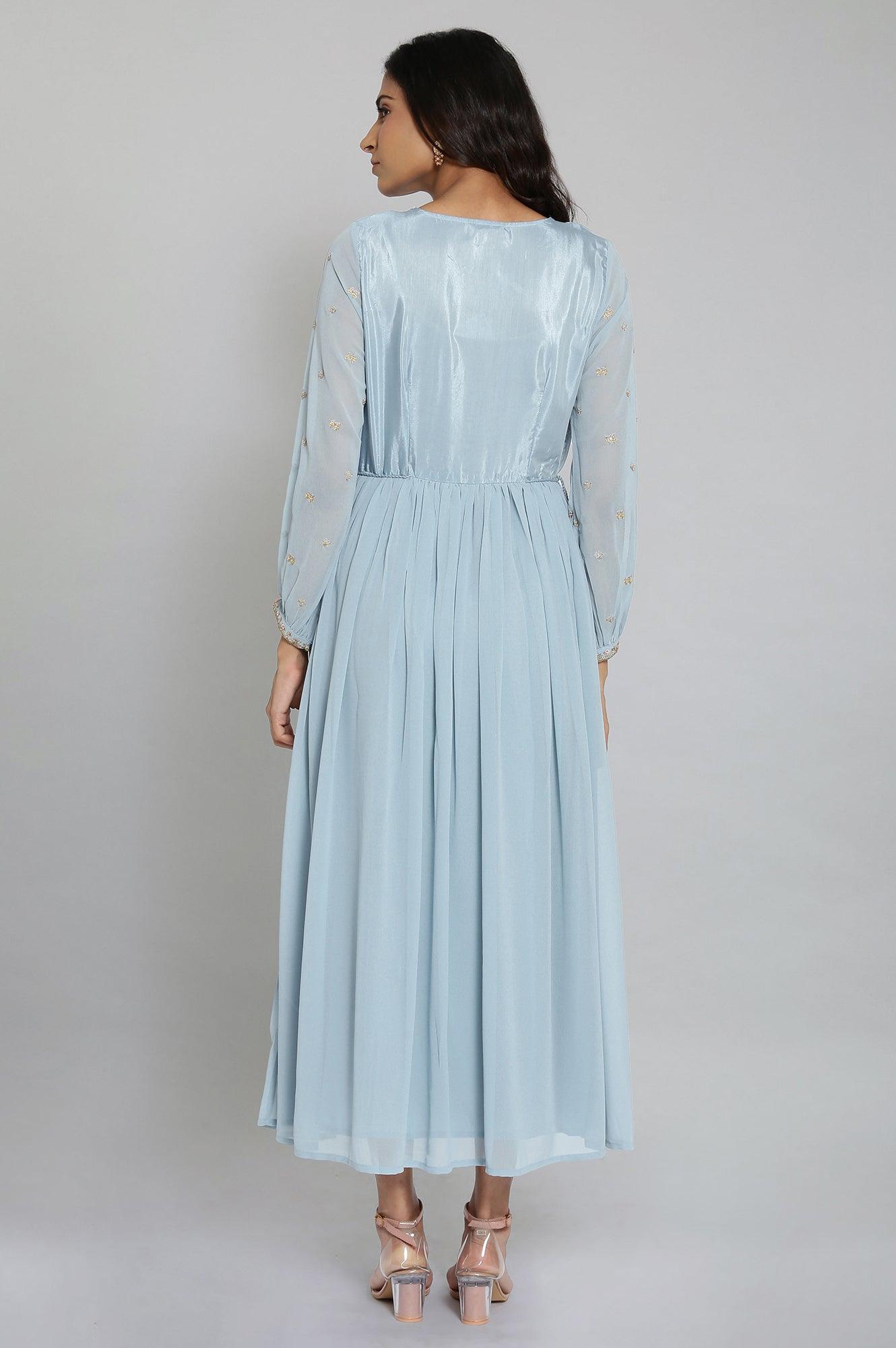 Light Blue Embroidered Gathered Victorian Dress - wforwoman