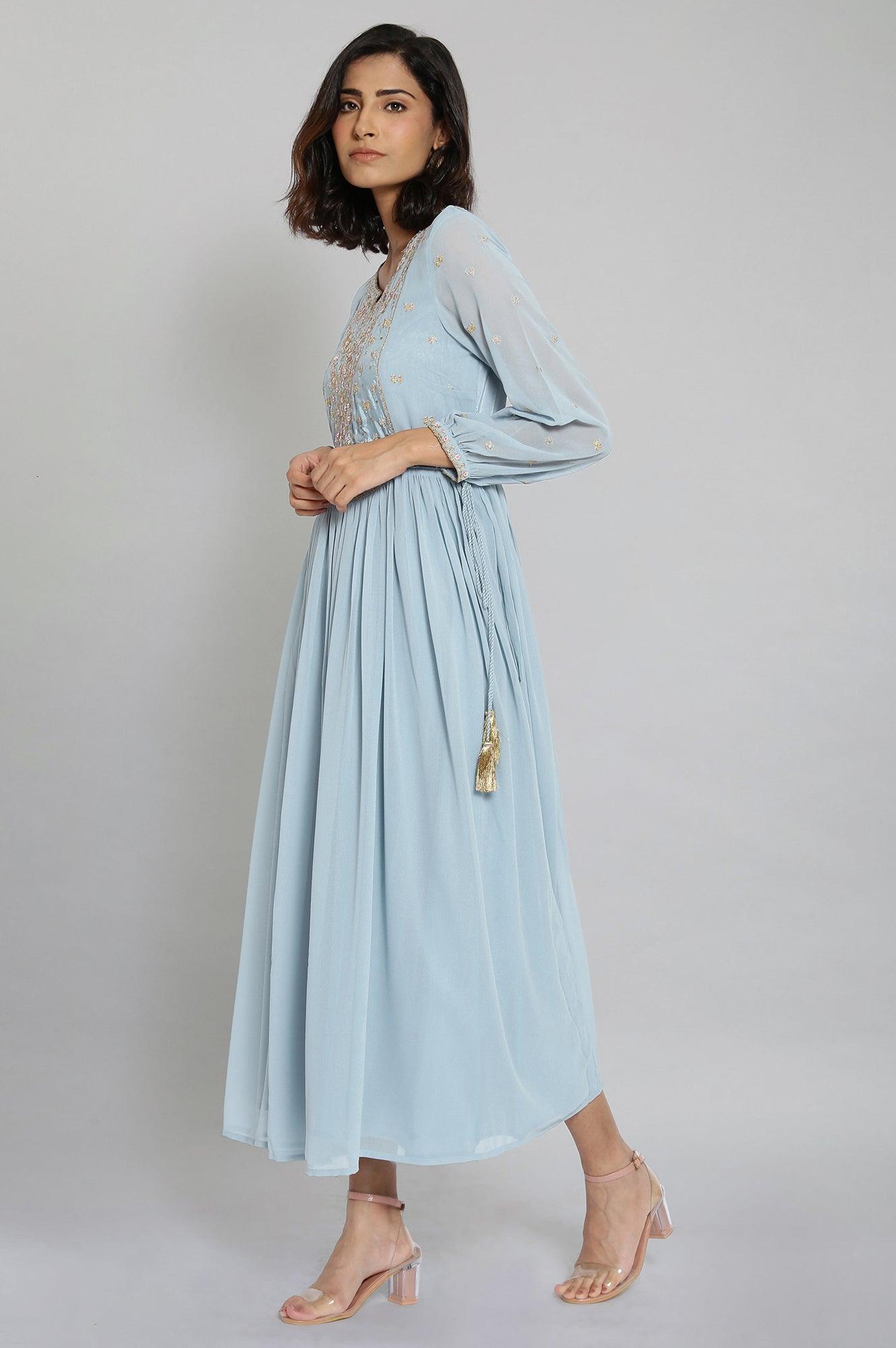 Light Blue Embroidered Gathered Victorian Dress - wforwoman