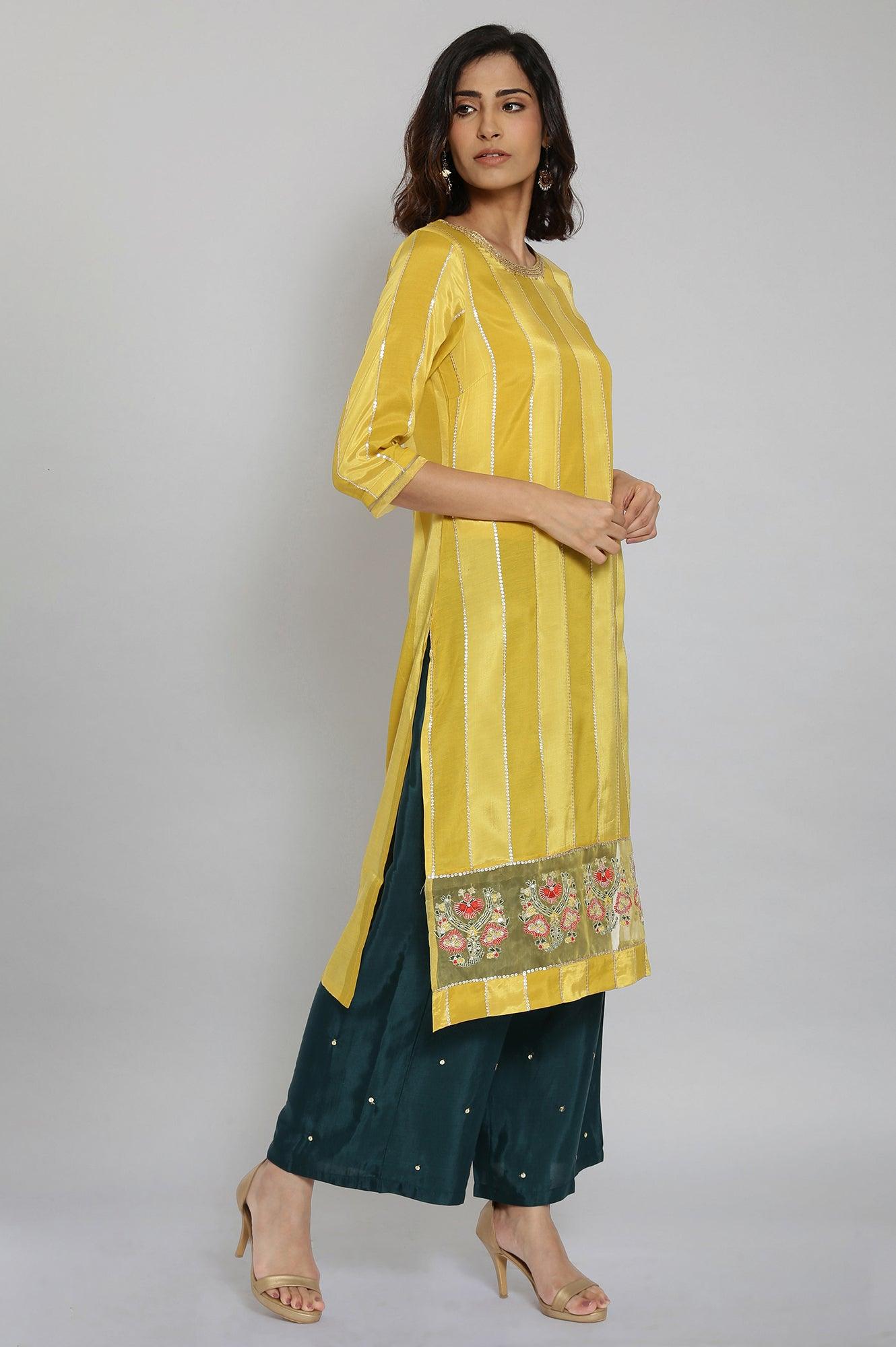 Yellow Embroidered Striped Straight kurta - wforwoman