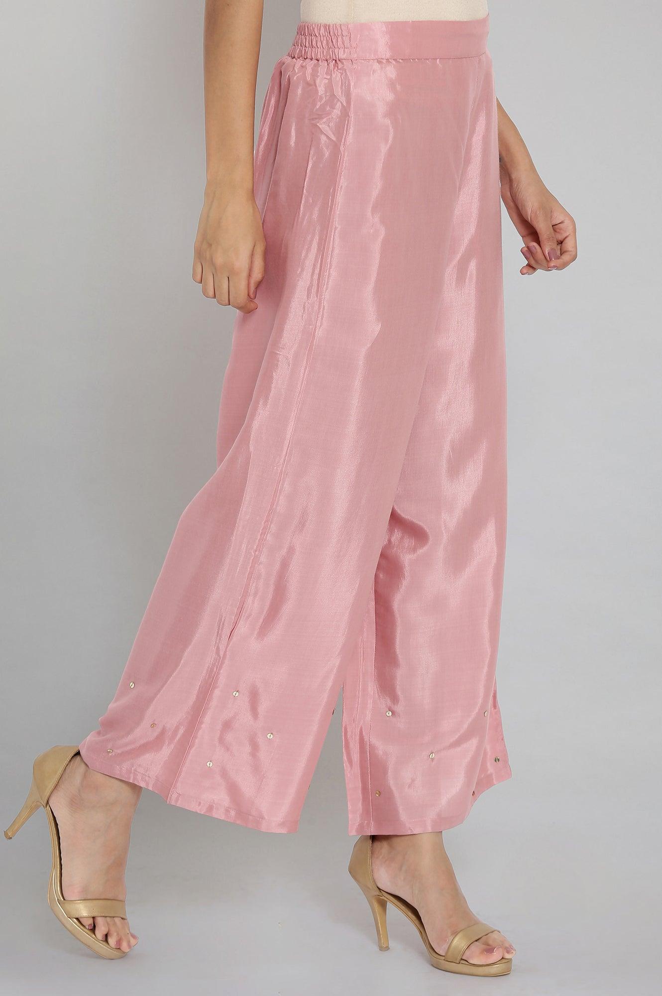 Light Pink Sequinned Solid Parallel Pants - wforwoman