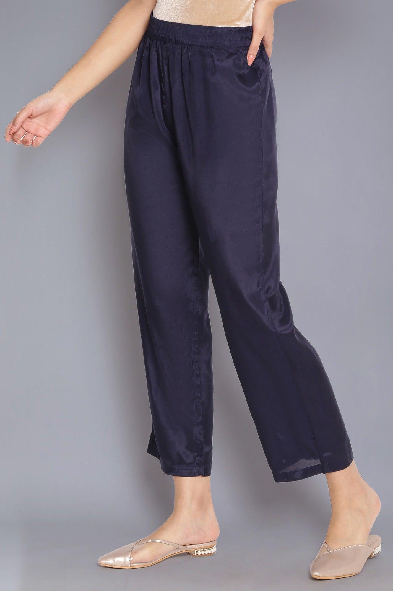 Navy Blue Solid Straight Pants - wforwoman