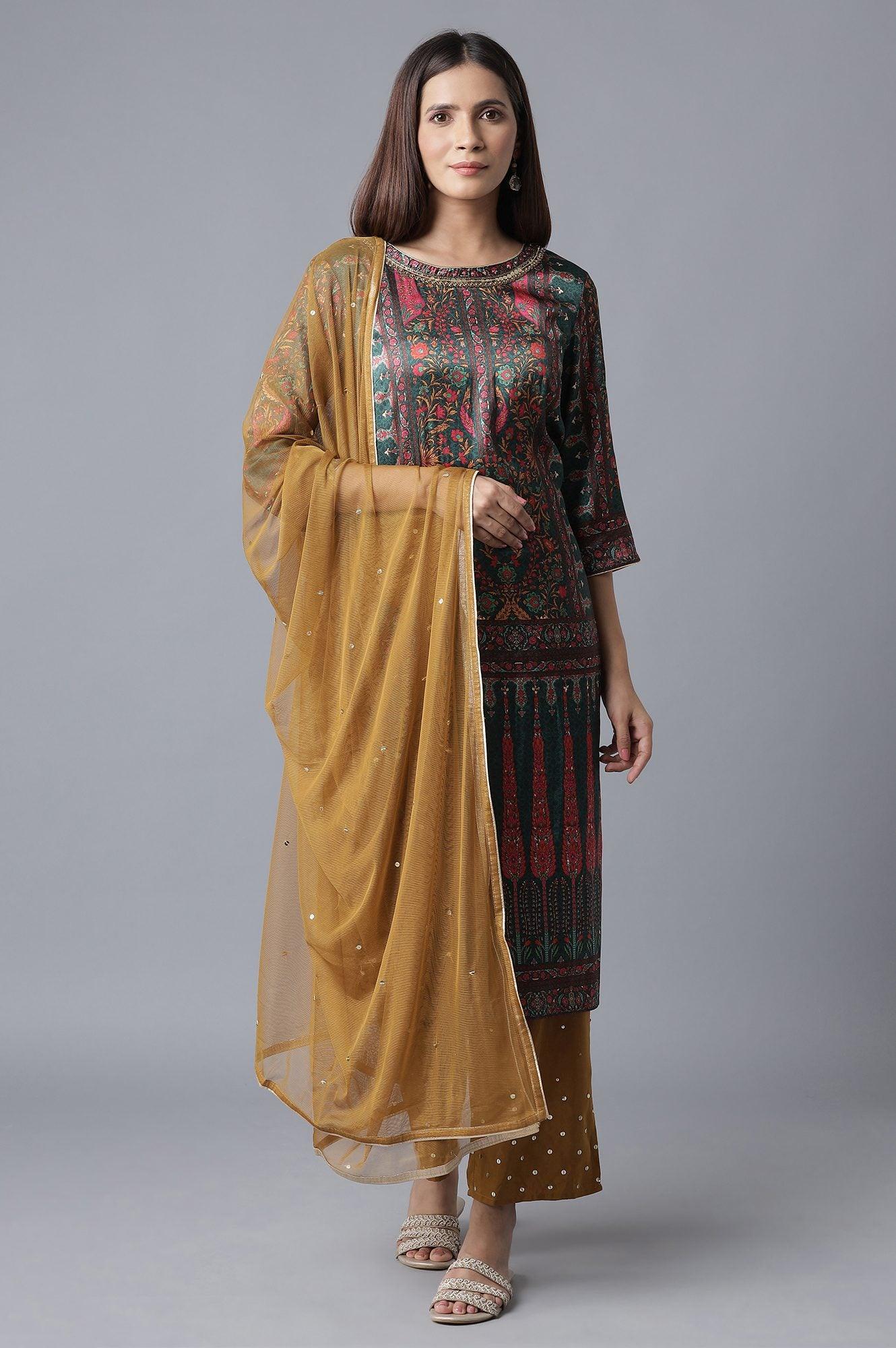 Green Panelled Satin kurta-Parallel Pants-Dupatta Set - wforwoman