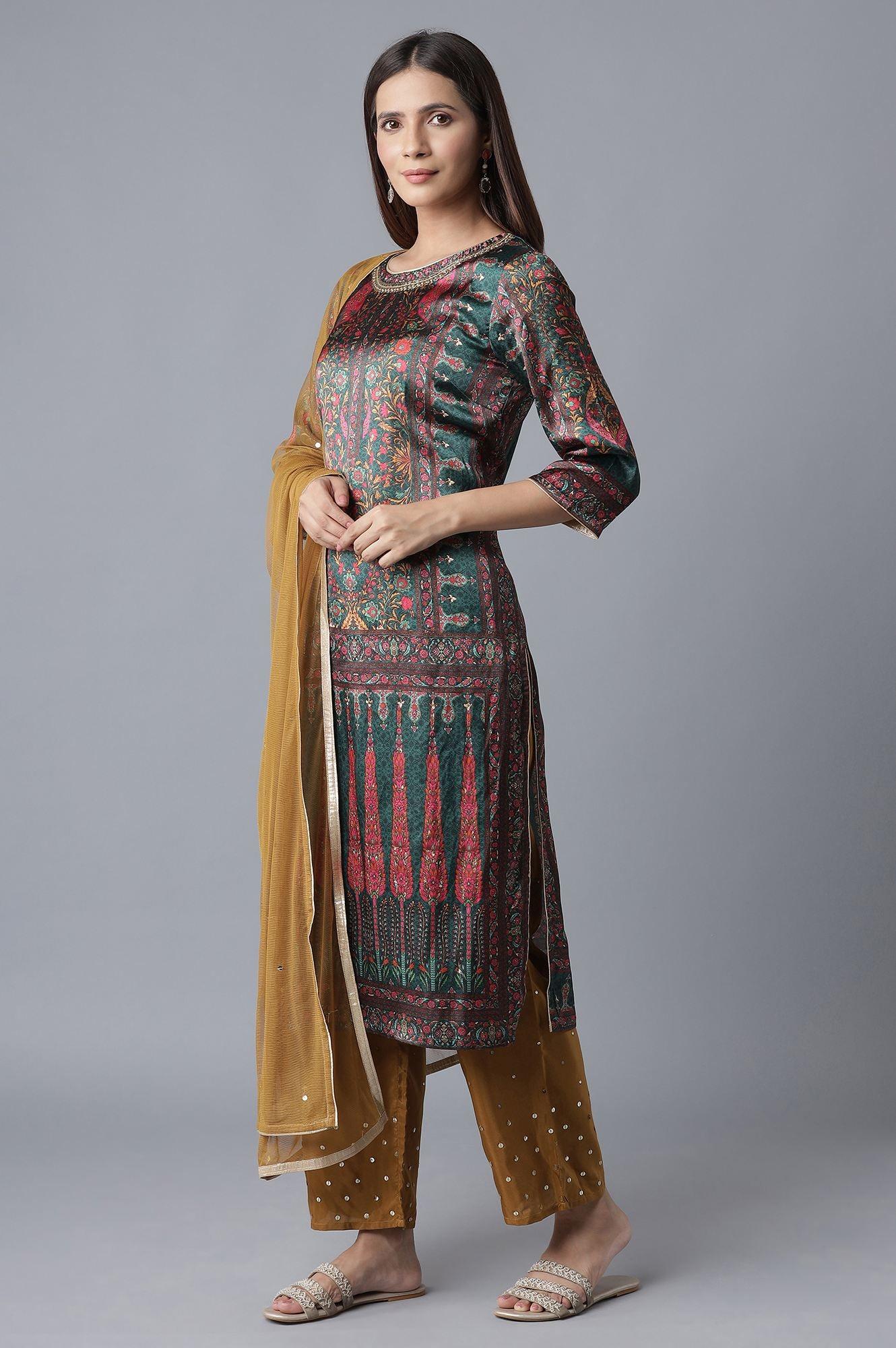 Green Panelled Satin kurta-Parallel Pants-Dupatta Set - wforwoman