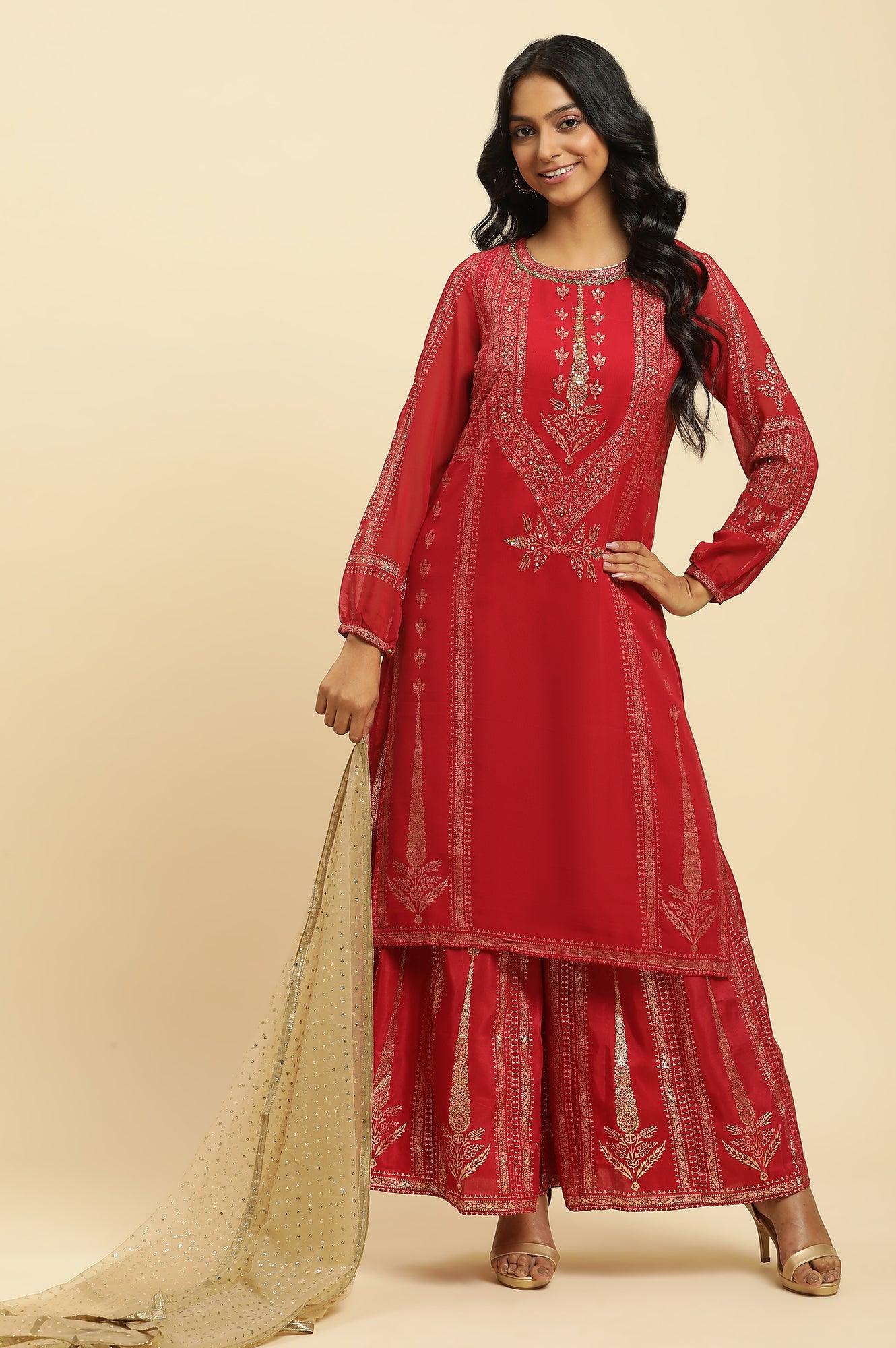 Red Floral Print Kurta-Sharara-Dupatta Set - wforwoman