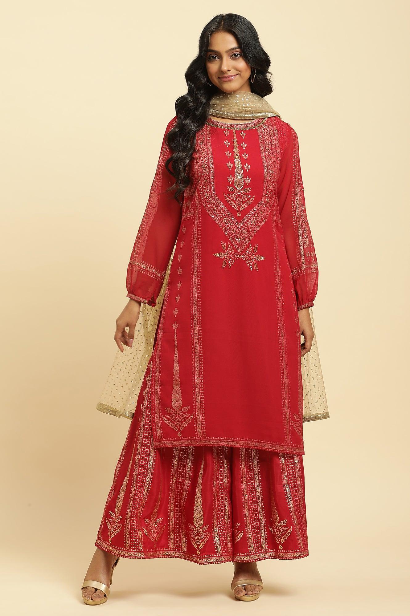 Red Floral Print Kurta-Sharara-Dupatta Set - wforwoman
