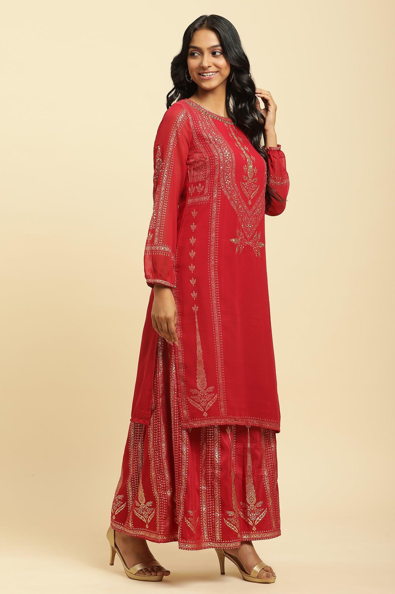 Red Floral Print Kurta-Sharara-Dupatta Set - wforwoman