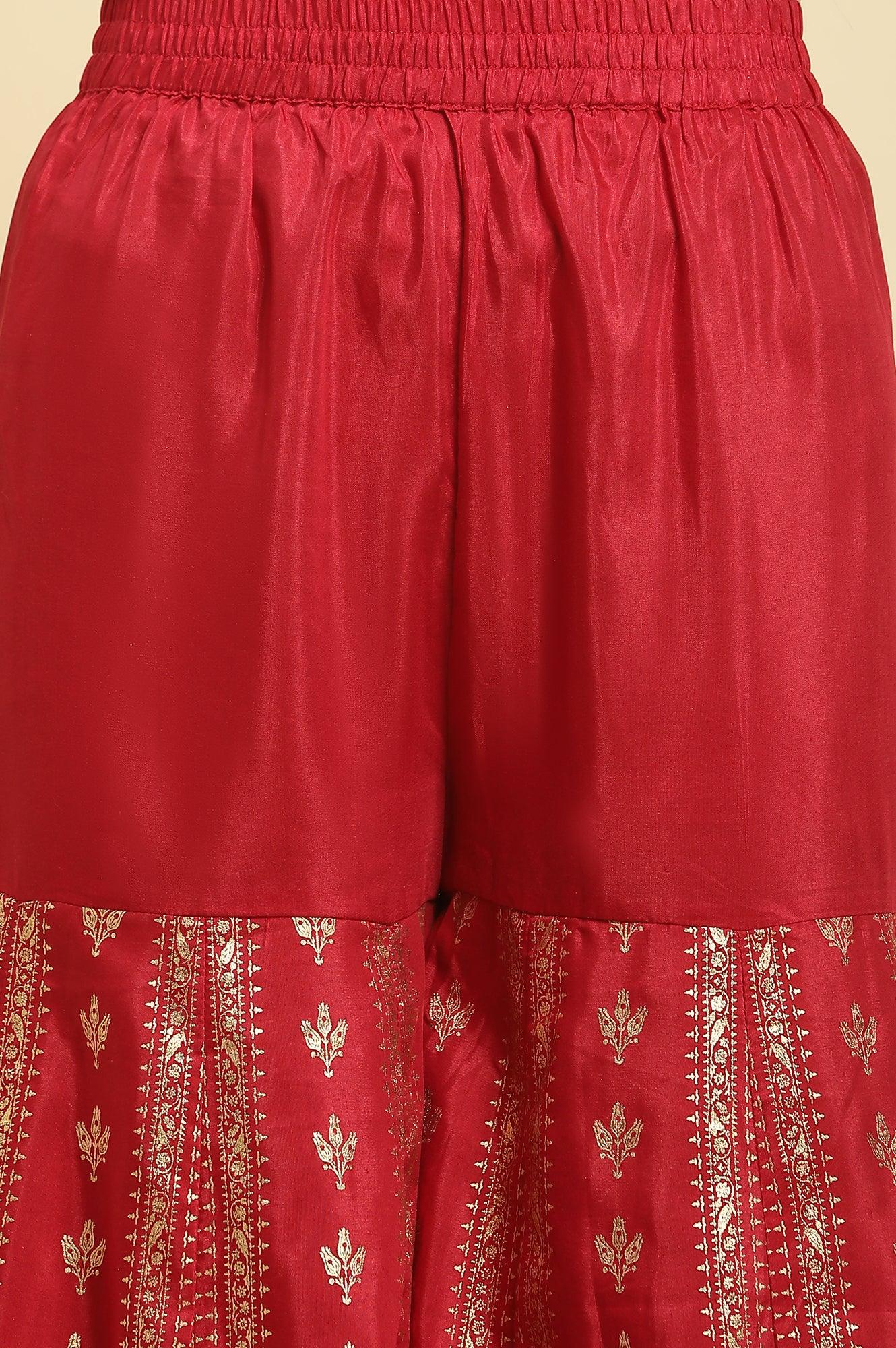 Red Floral Print Kurta-Sharara-Dupatta Set - wforwoman