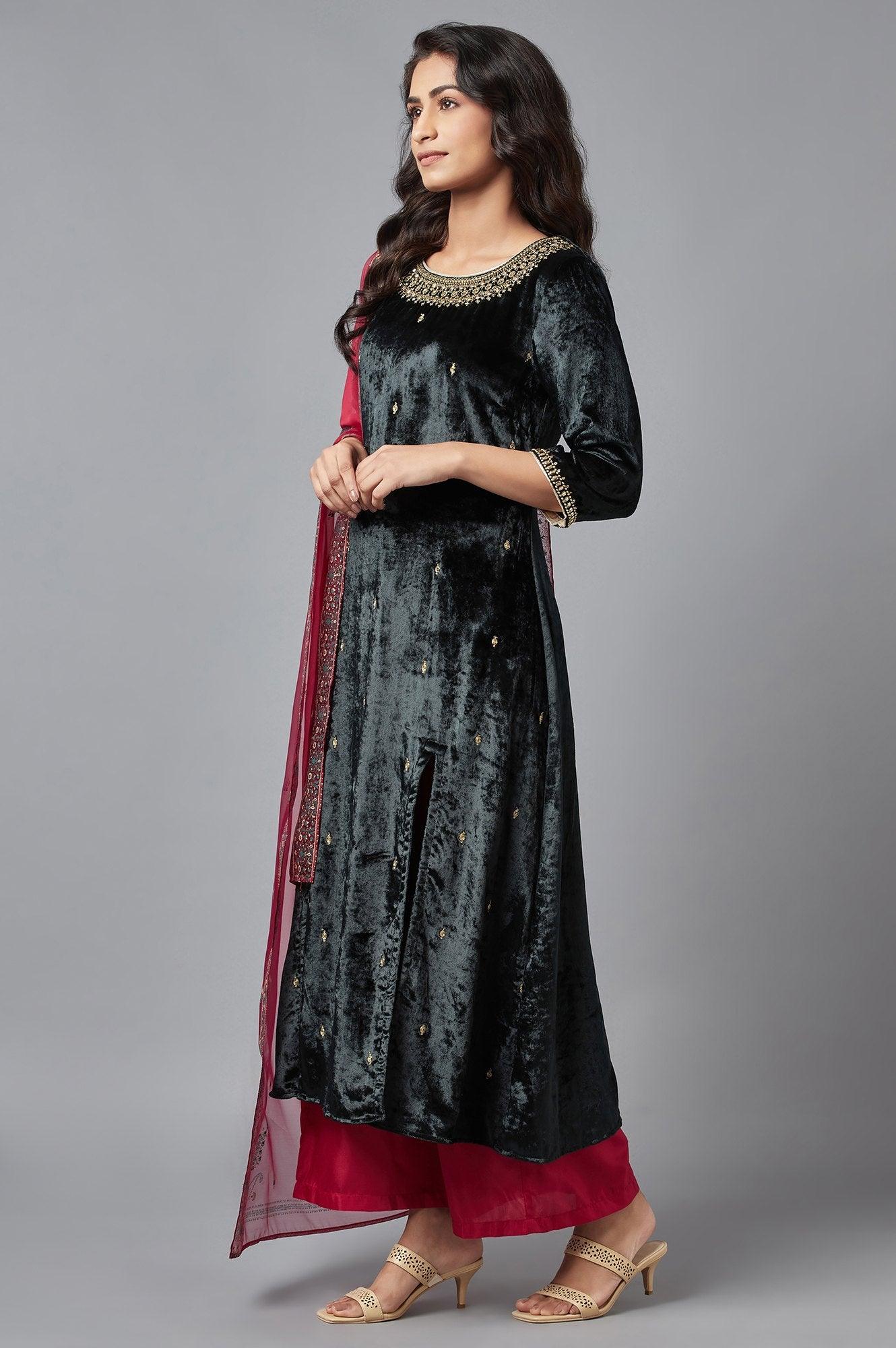 Dark Green Velvet kurta-Parallel Pant-Dupatta Set - wforwoman