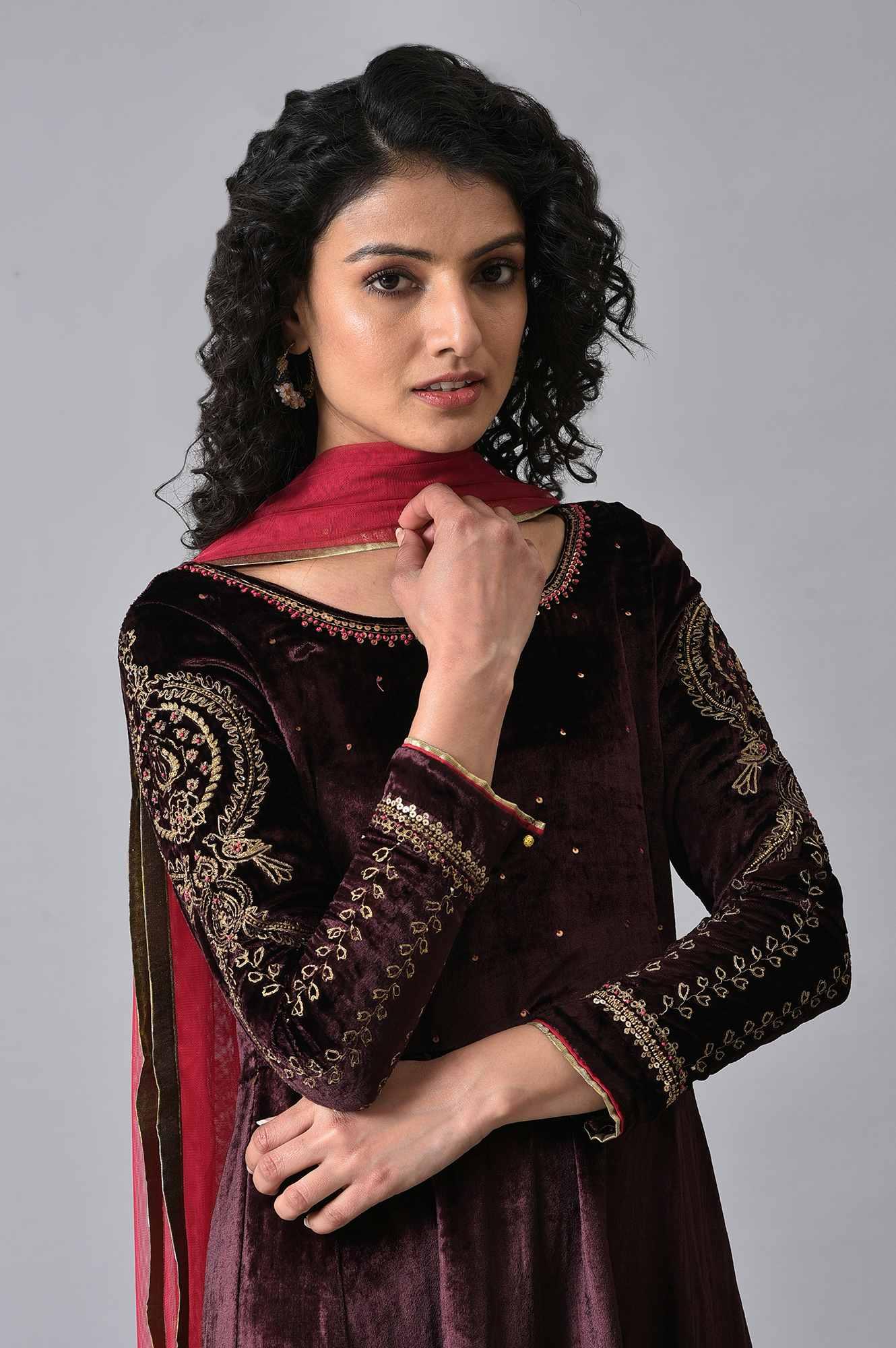 Purple Velvet Anarkali-Tights-Dupatta Set - wforwoman