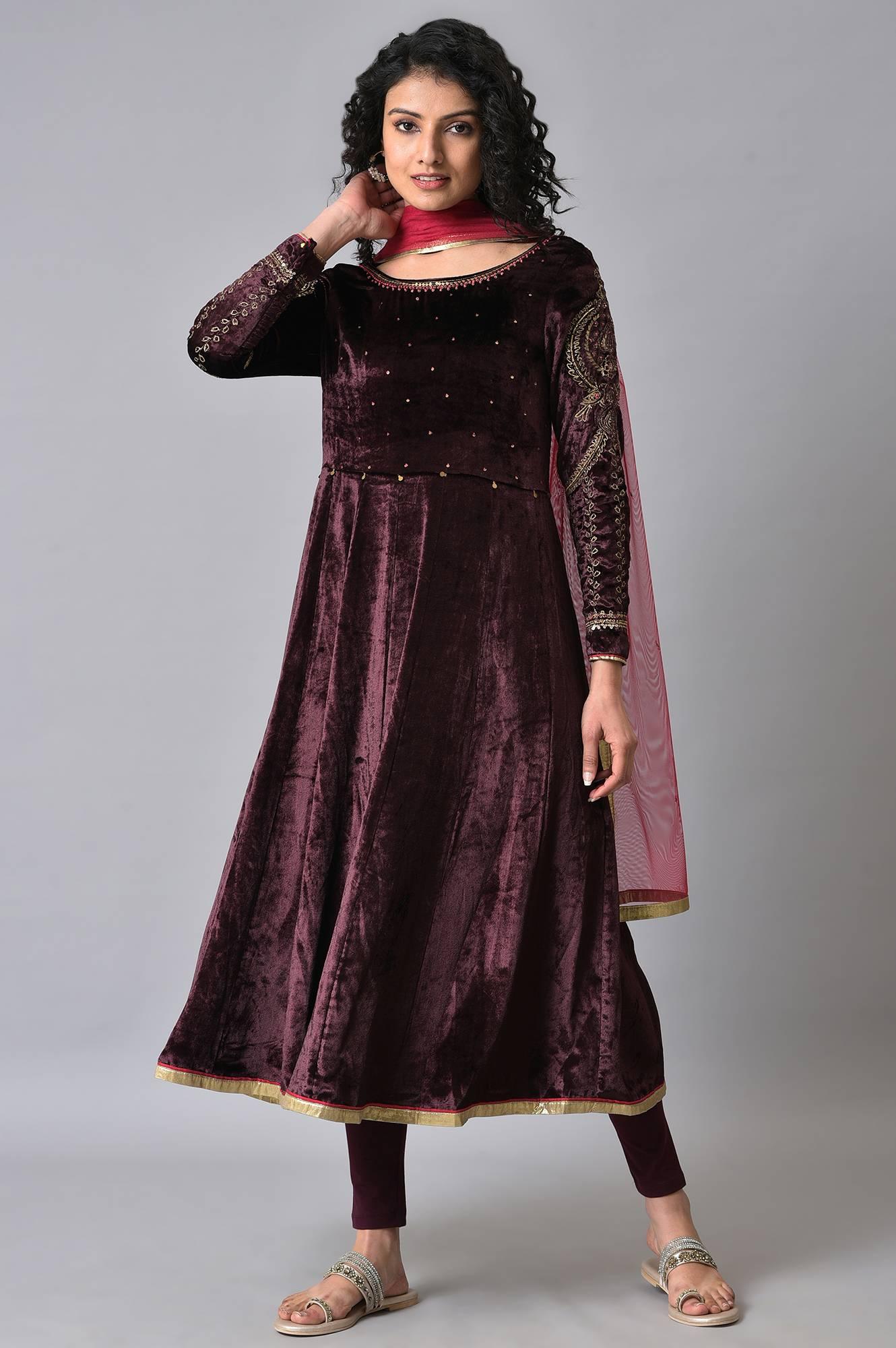 Purple Velvet Anarkali-Tights-Dupatta Set - wforwoman