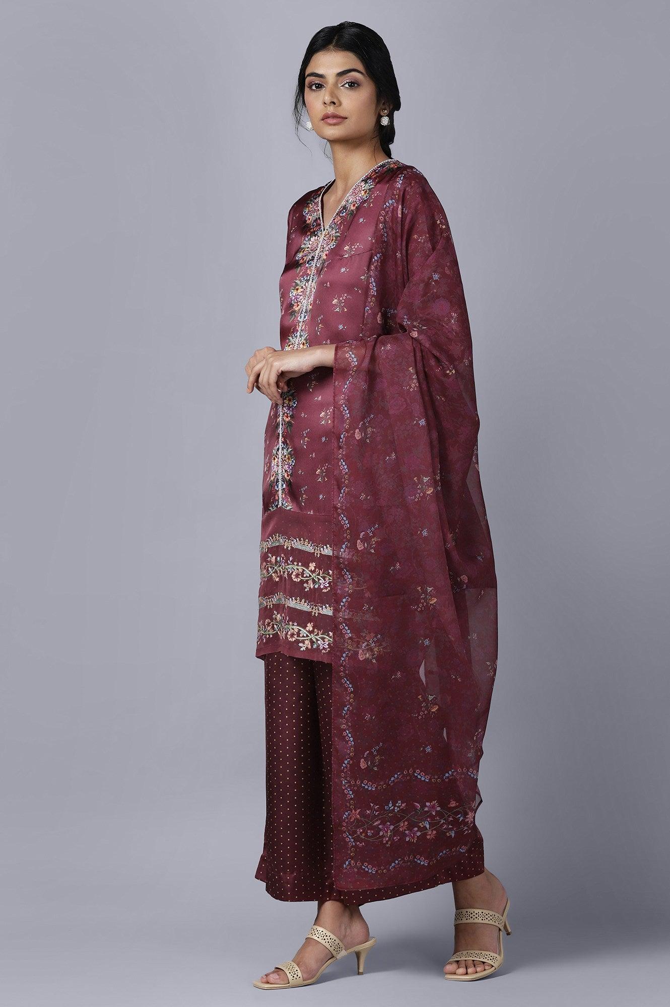 Dark Red kurta Parallel Pants Dupatta Set - wforwoman