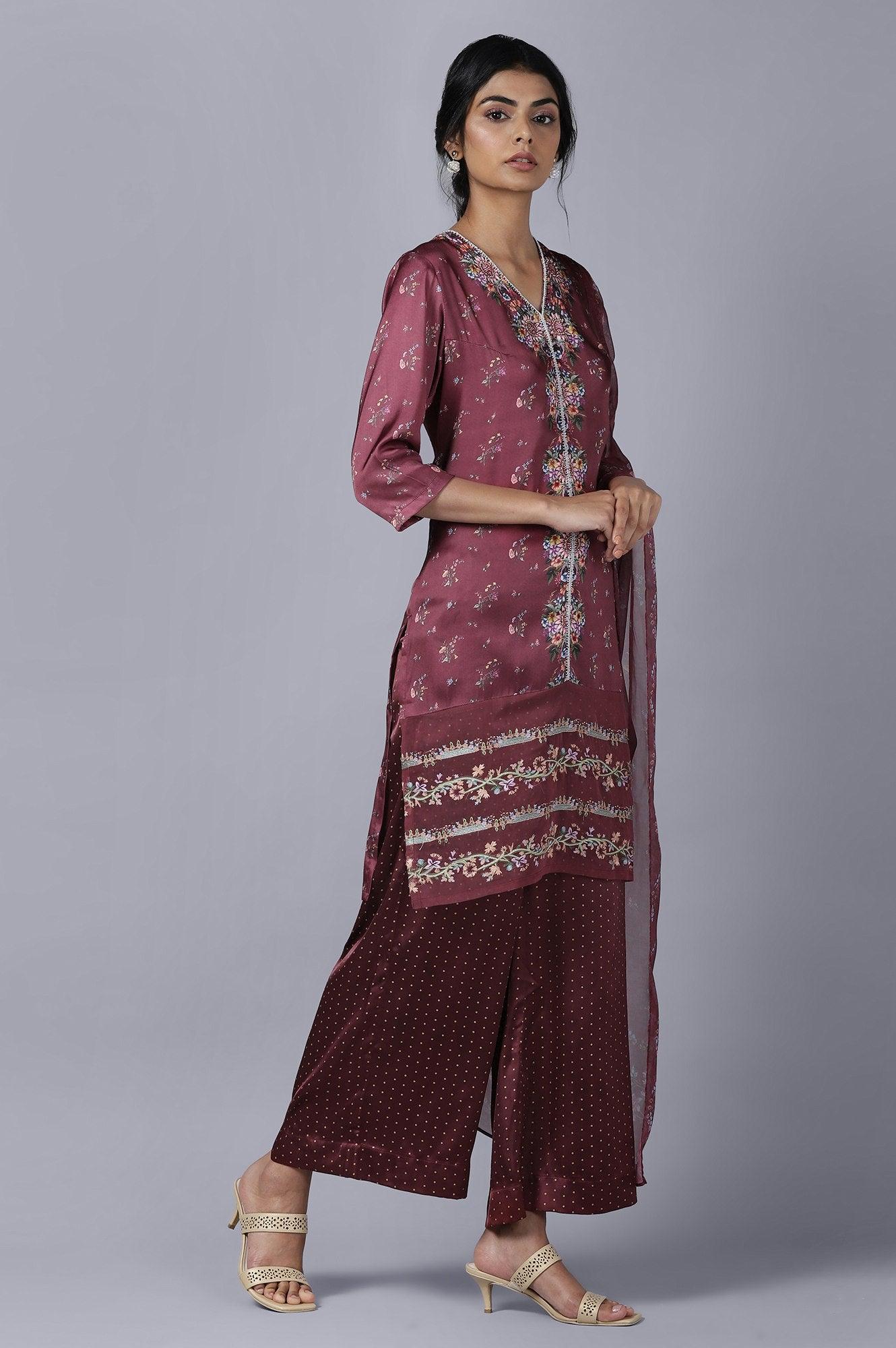 Dark Red kurta Parallel Pants Dupatta Set - wforwoman