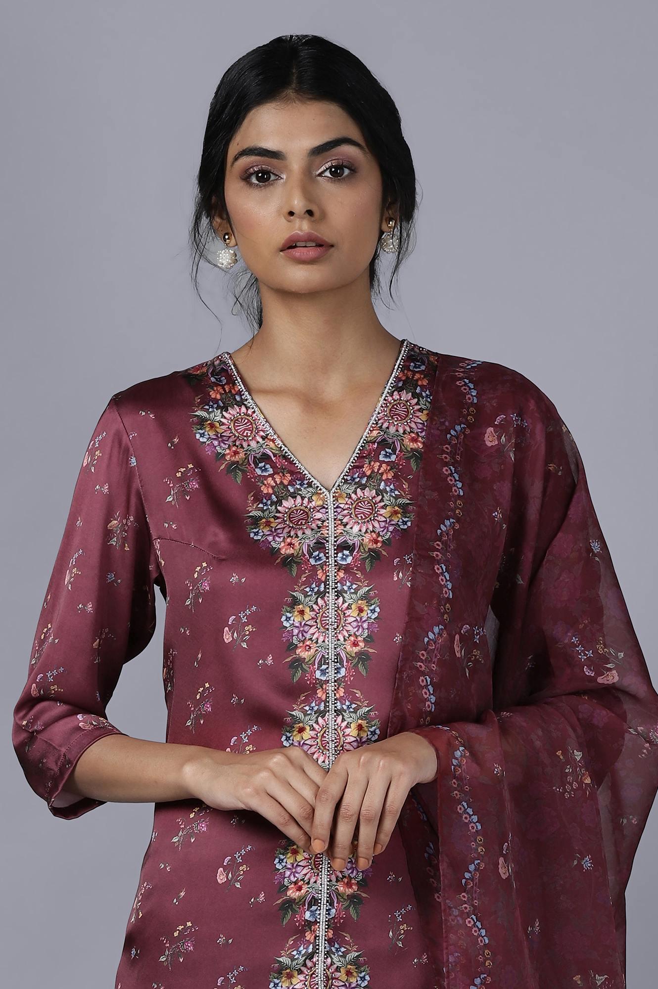 Dark Red kurta Parallel Pants Dupatta Set - wforwoman