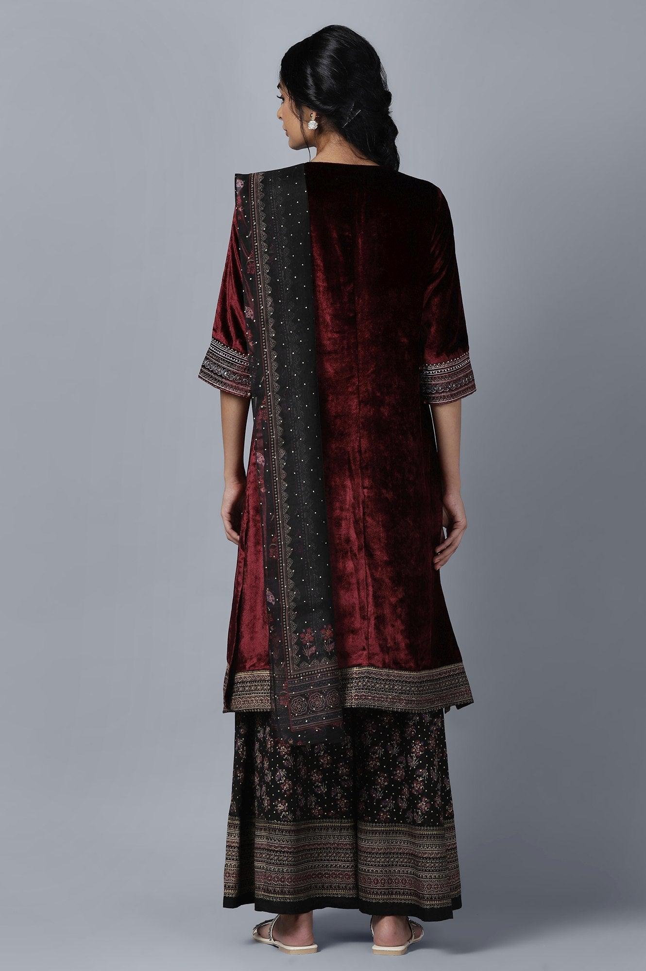 Dark Red Velvet kurta Sharara Dupatta Set - wforwoman