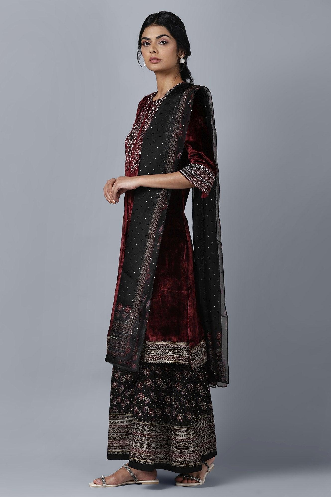 Dark Red Velvet kurta Sharara Dupatta Set - wforwoman
