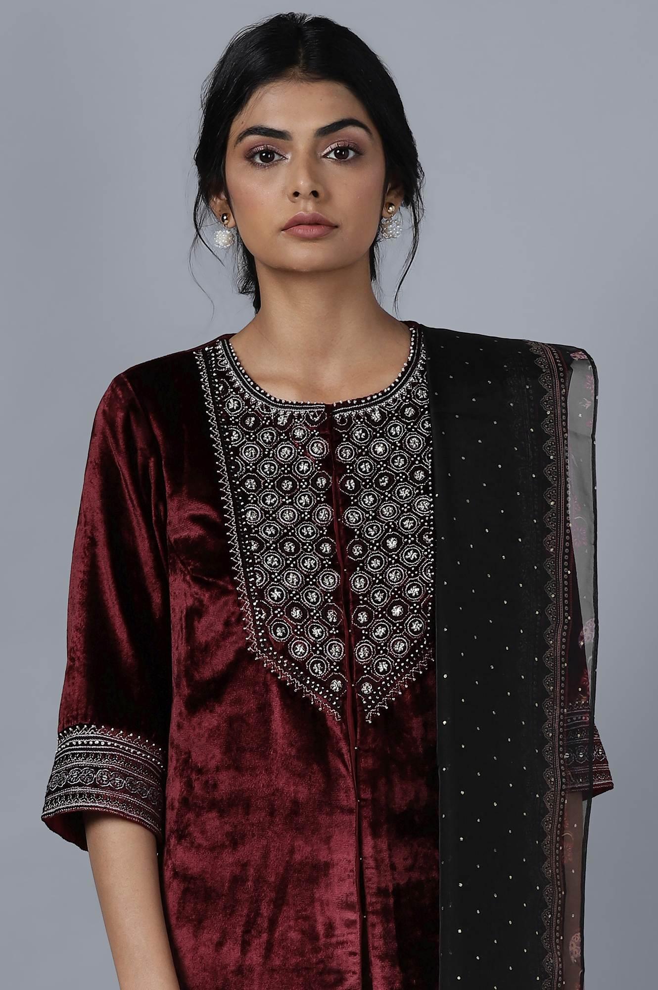 Dark Red Velvet kurta Sharara Dupatta Set - wforwoman