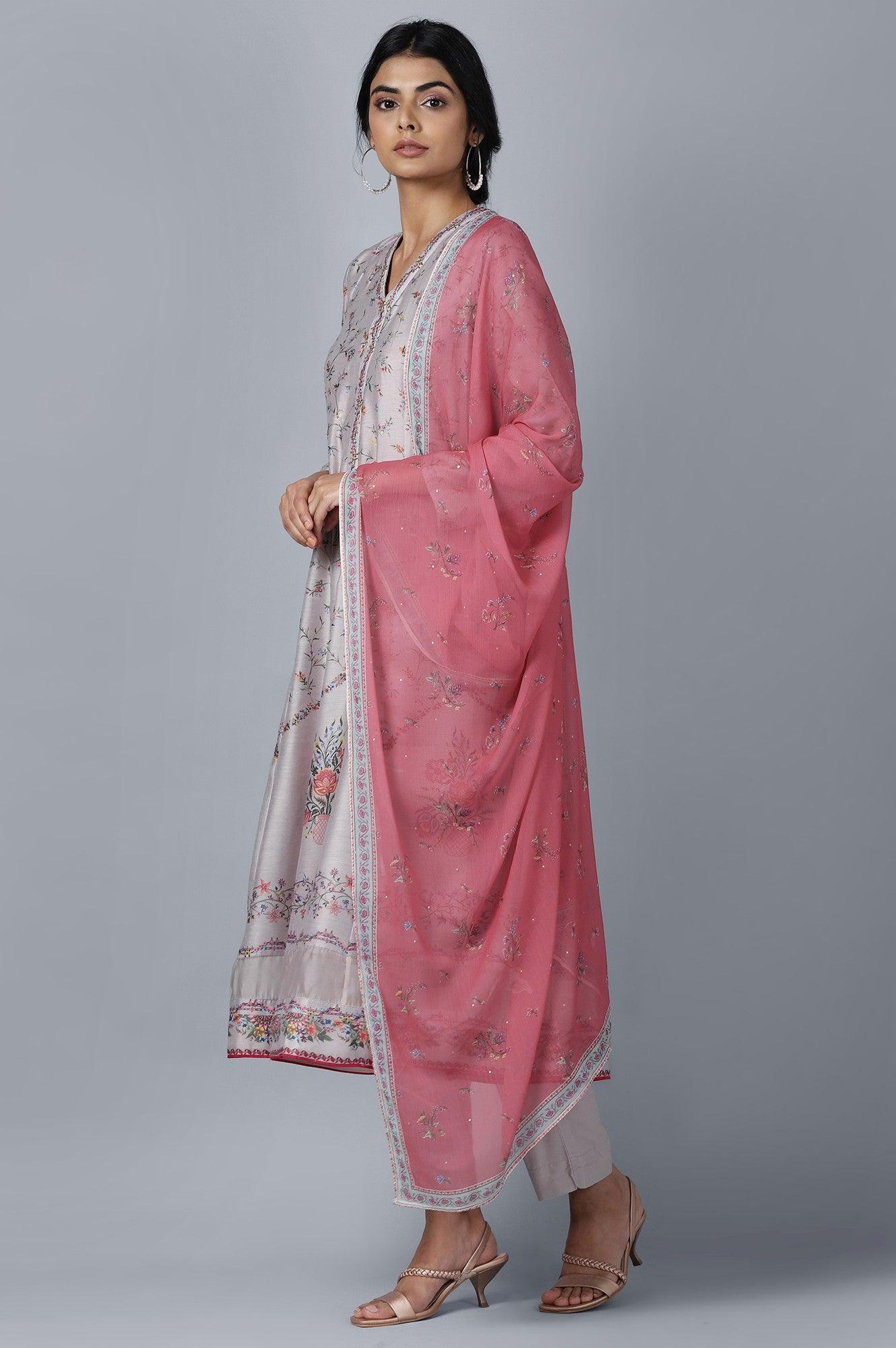 Light Grey kurta Slim Pants Dupatta Set - wforwoman