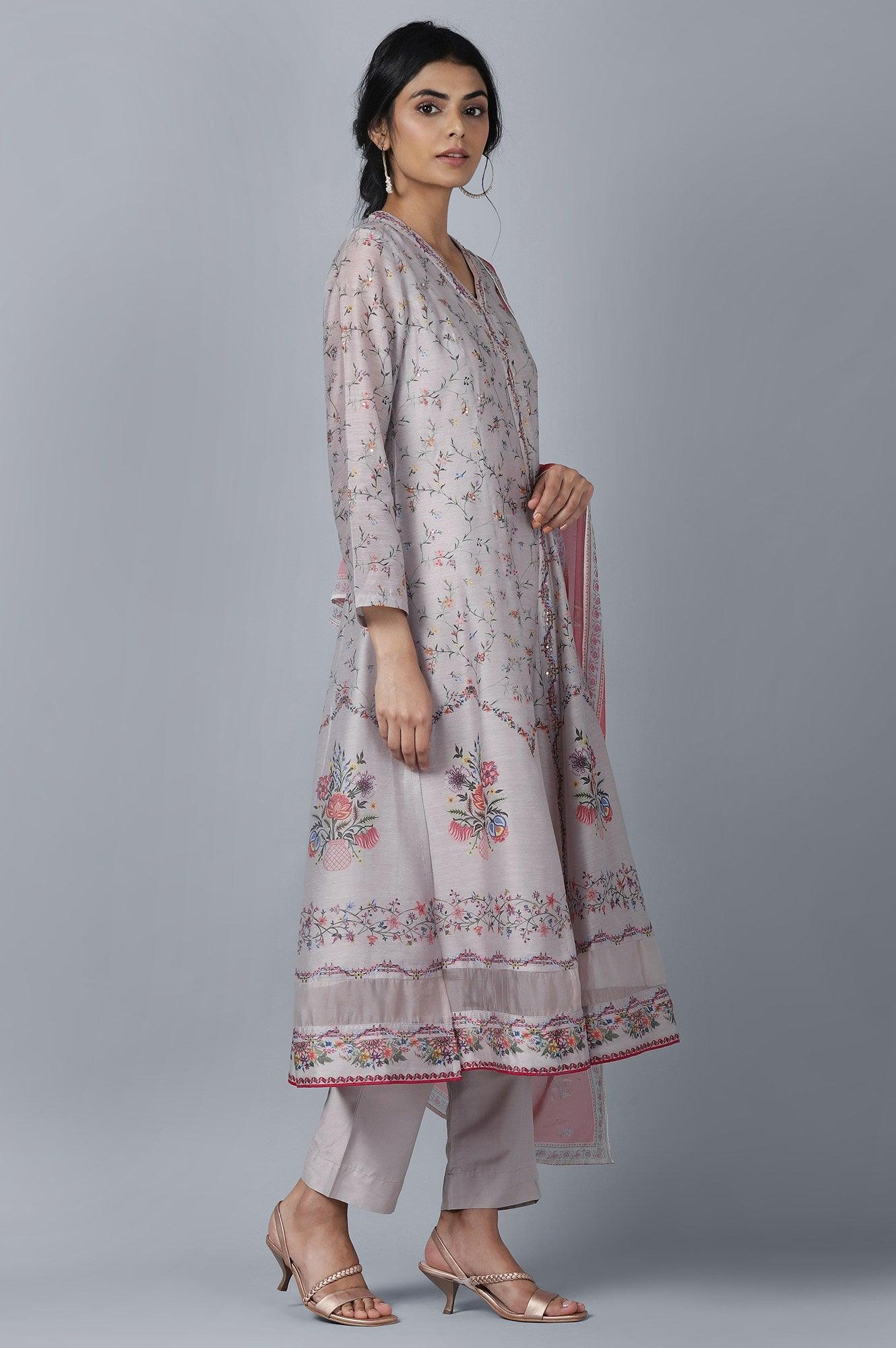 Light Grey kurta Slim Pants Dupatta Set - wforwoman