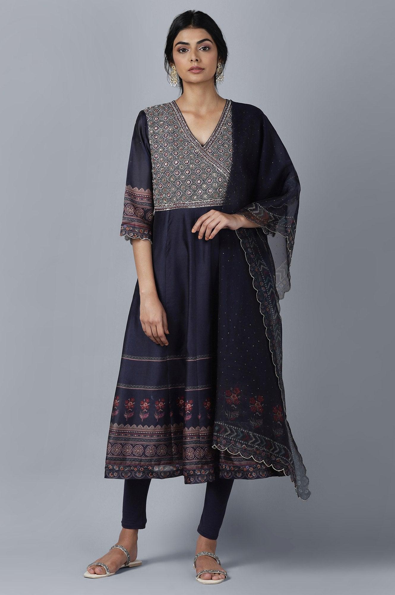 Dark Blue Anarkali kurta Tights Dupatta Set - wforwoman