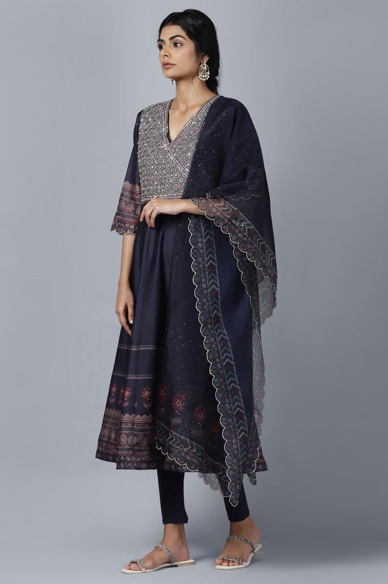 Dark Blue Anarkali kurta Tights Dupatta Set - wforwoman