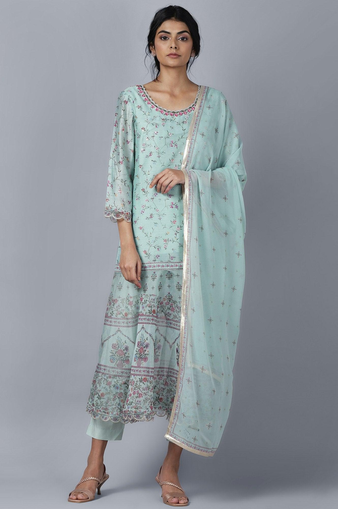 Light Blue kurta Slim Pants Dupatta Set - wforwoman