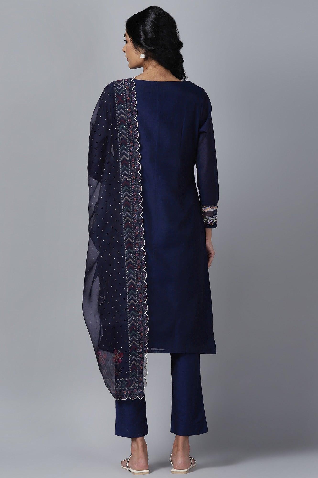 Navy Blue kurta Slim Pants Dupatta Set - wforwoman
