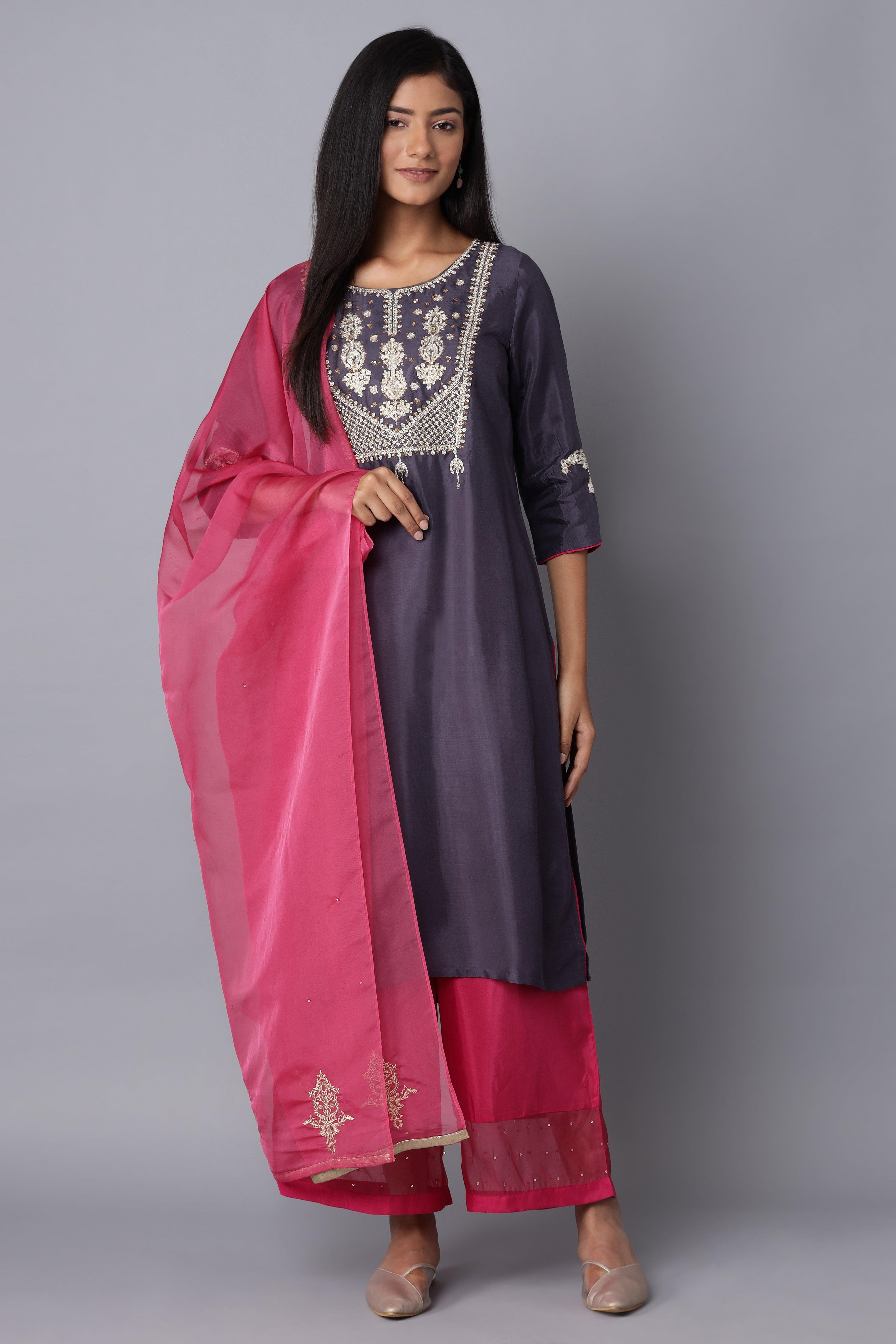 Dark Blue Embroidered kurta-Pink Parallel Pants-Dupatta - wforwoman