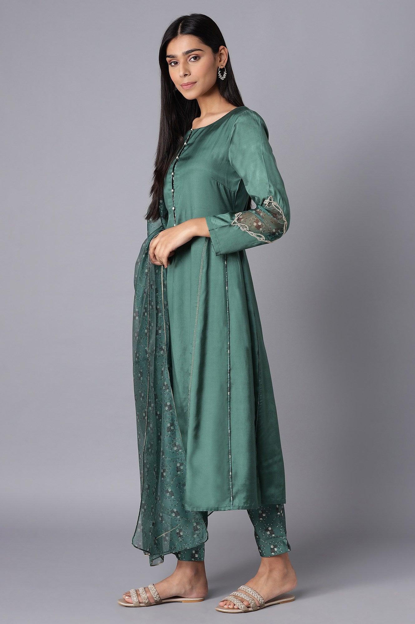 Green kurta-Slim Pant- Dupatta Set - wforwoman
