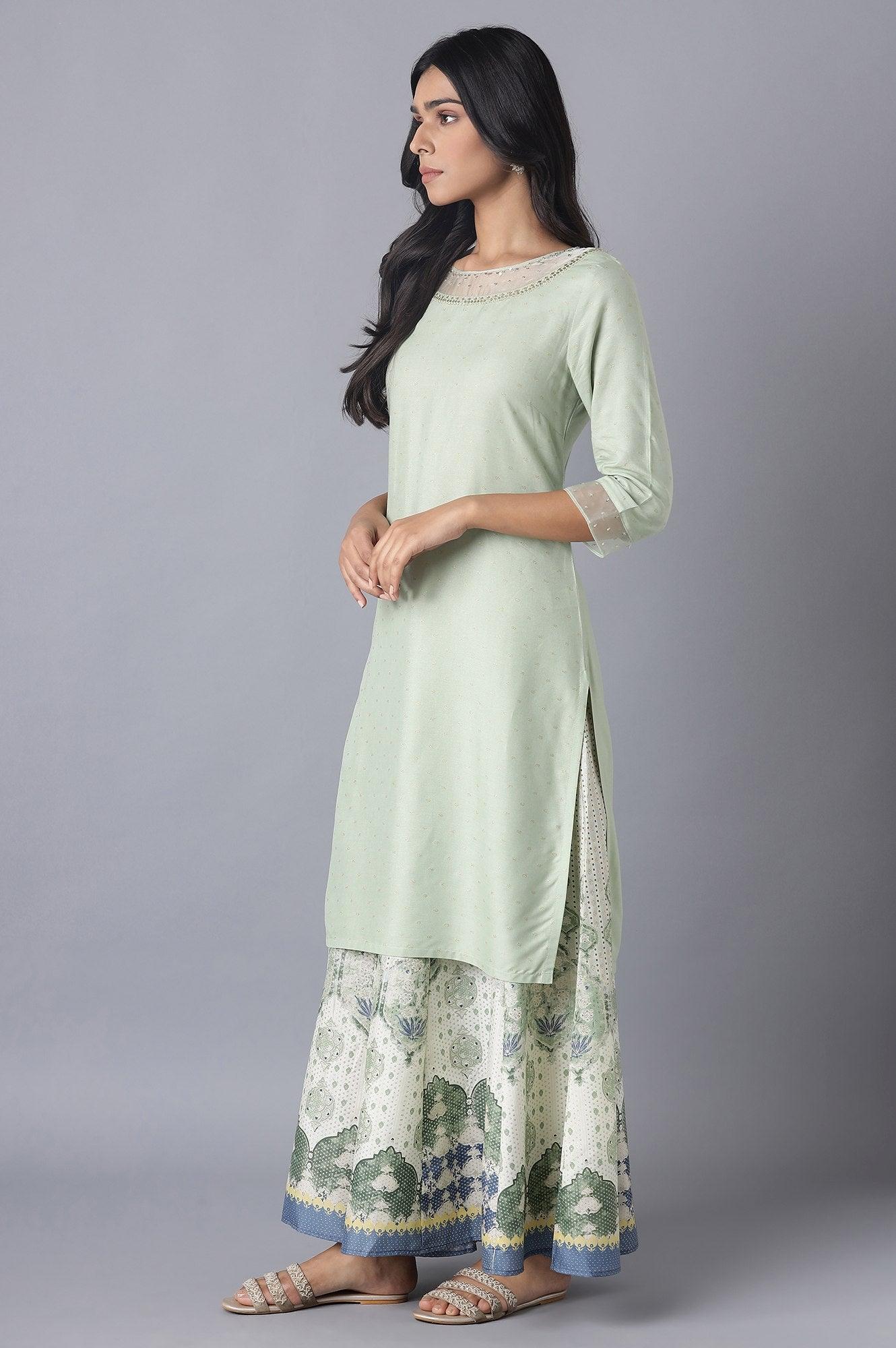 Sage Green Printed kurta with Organza Detail - wforwoman