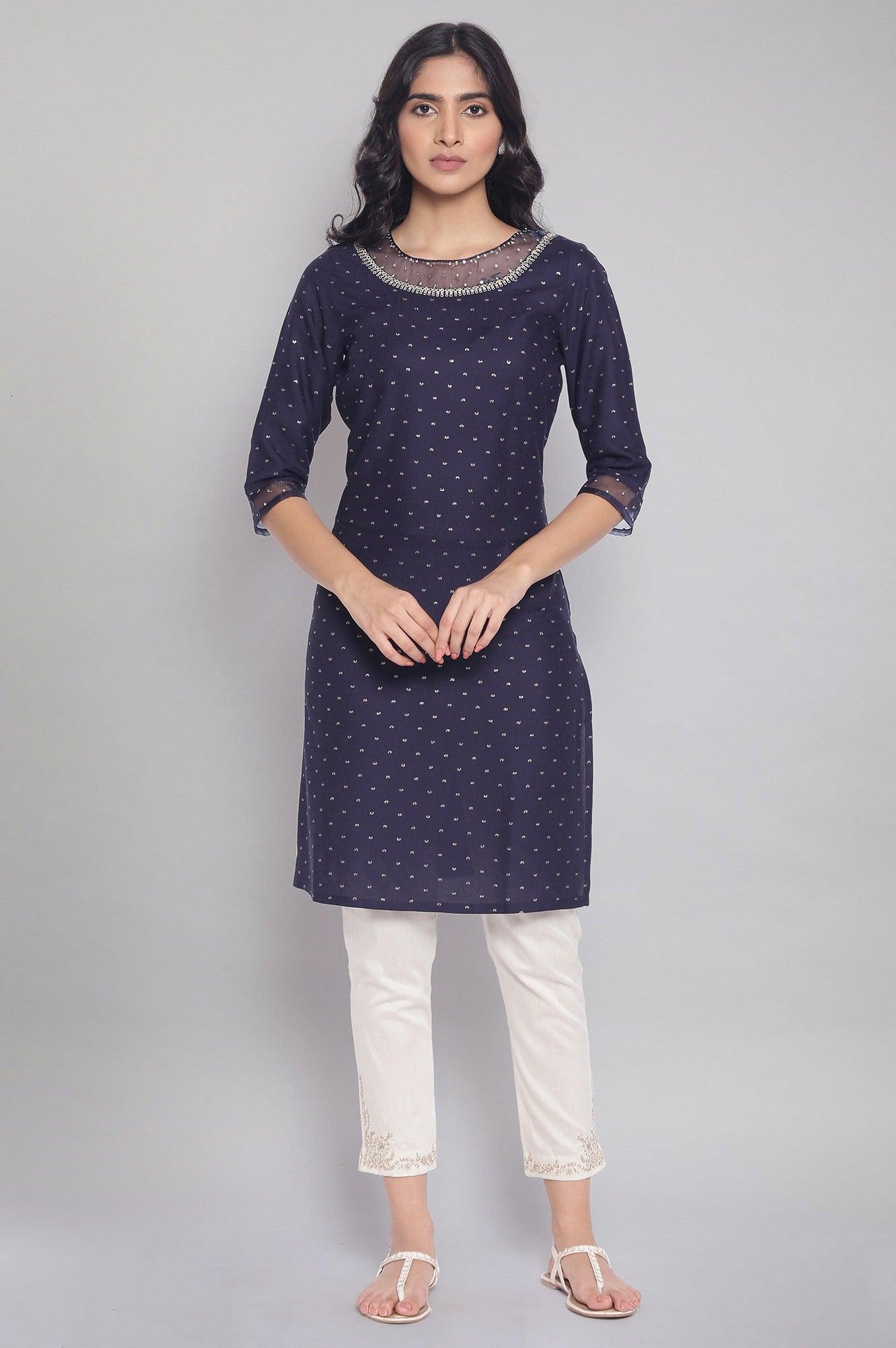 Navy Printed kurta with Organza Detail - wforwoman