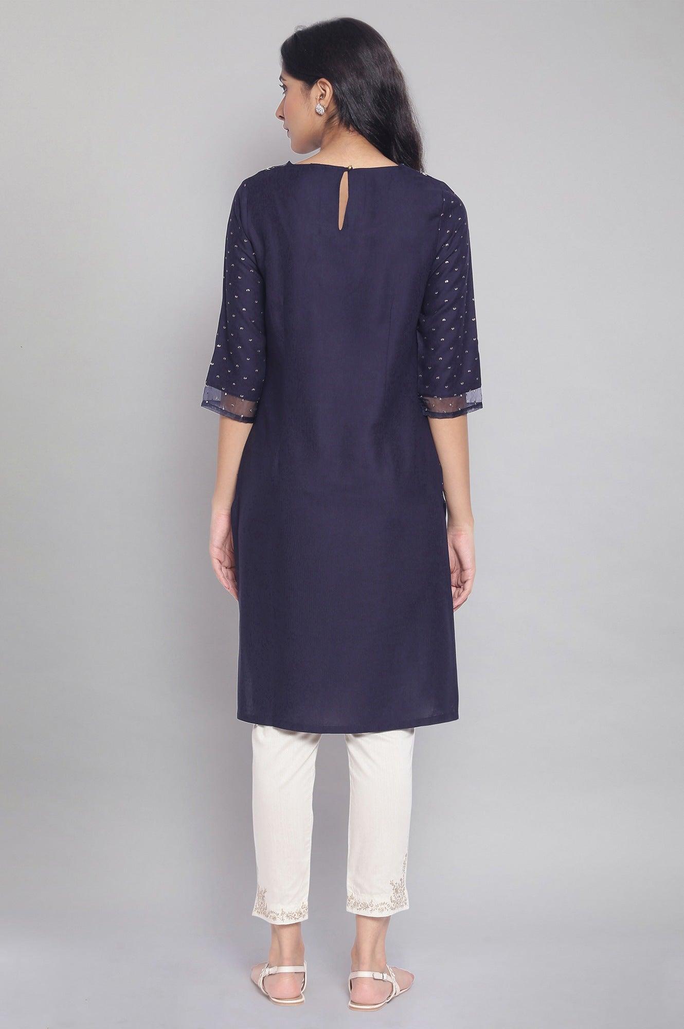 Navy Printed kurta with Organza Detail - wforwoman