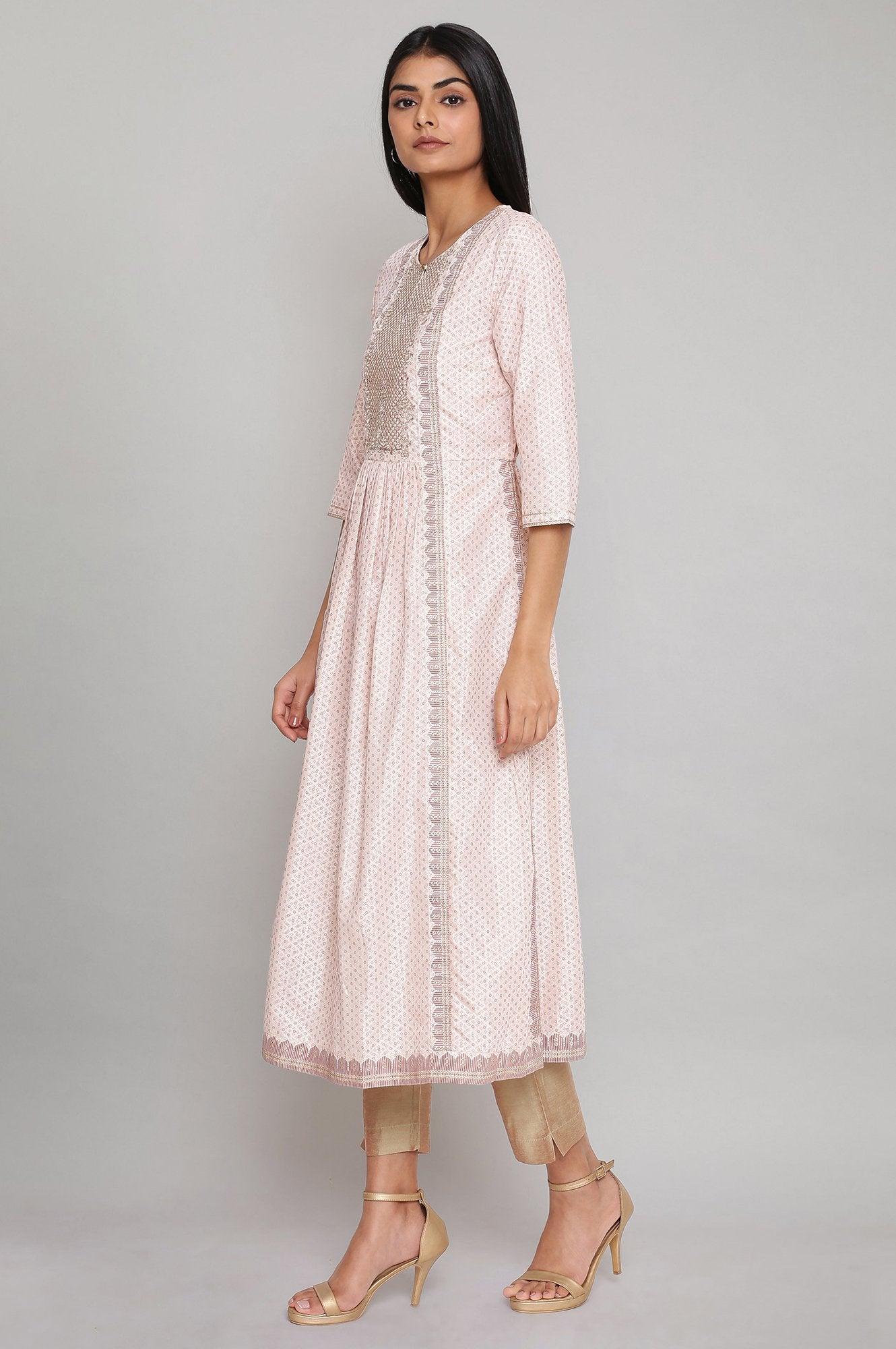 Light Pink Gathered kurta with Embroidery - wforwoman