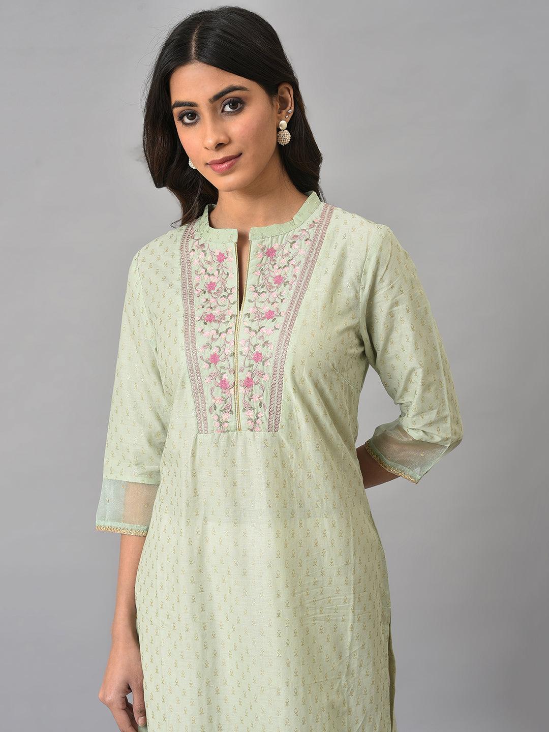 Light Green Embroidered kurta In Round Neck - wforwoman
