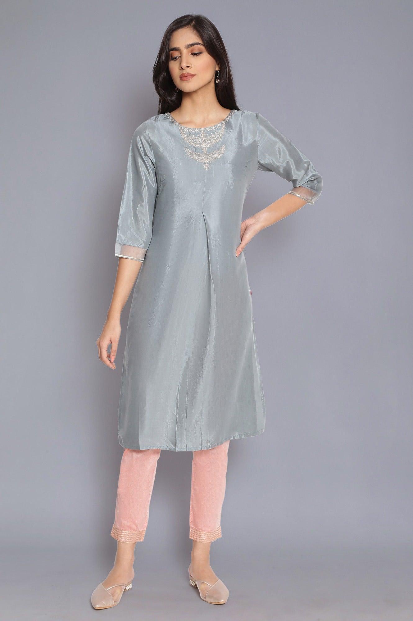 Slate Blue kurta with Embroidery - wforwoman