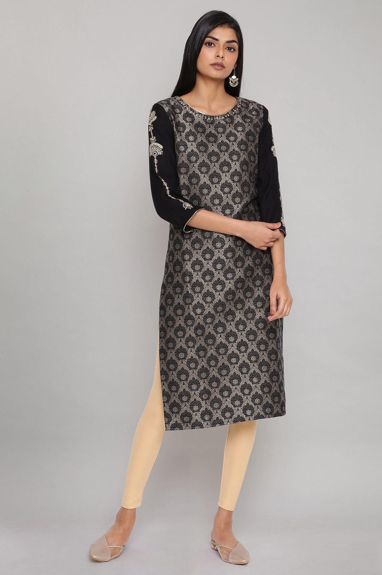 Black Jacquard kurta with Embroidery - wforwoman