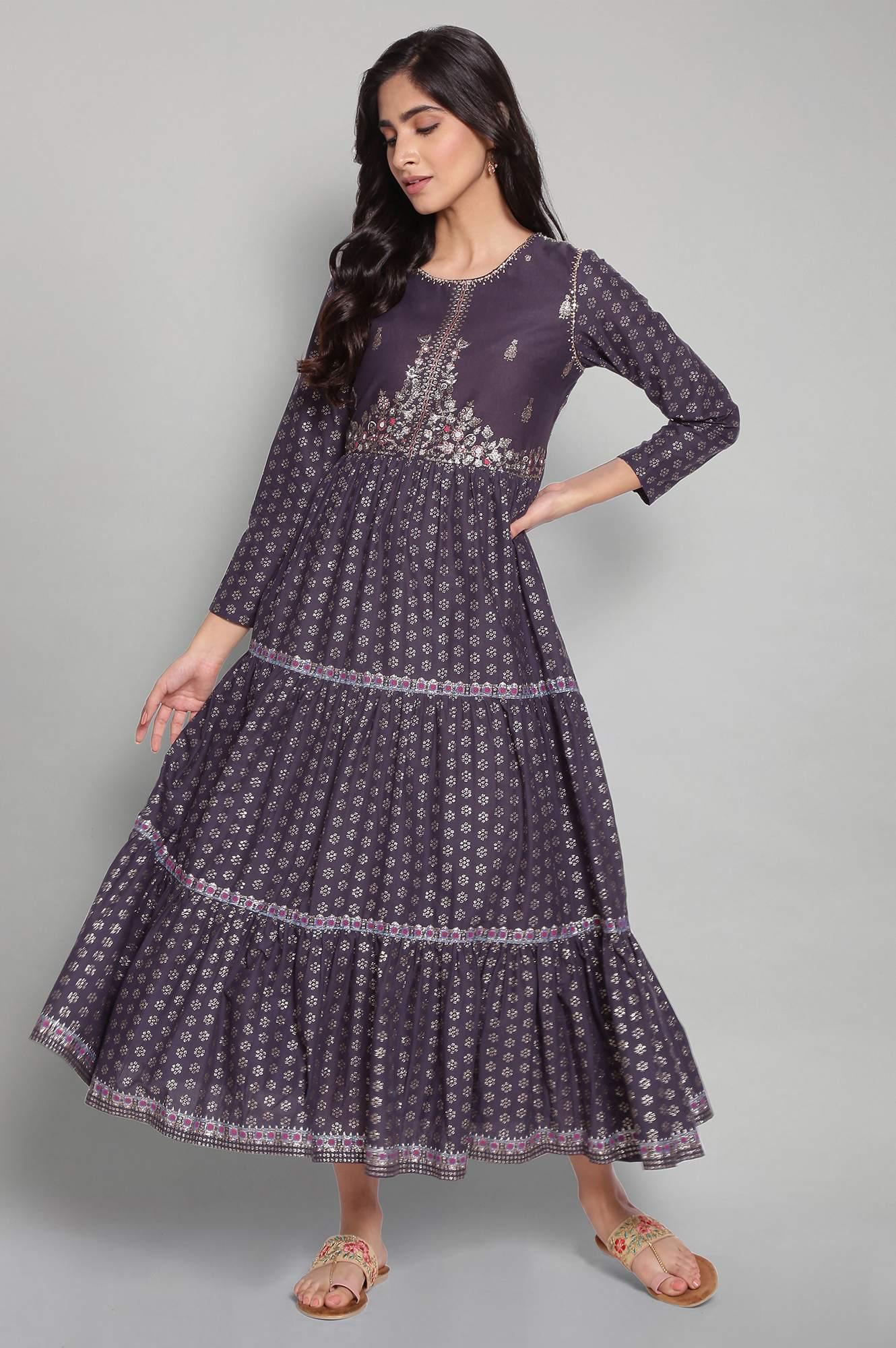 Navy Blue Printed Dress with Embroidery - wforwoman