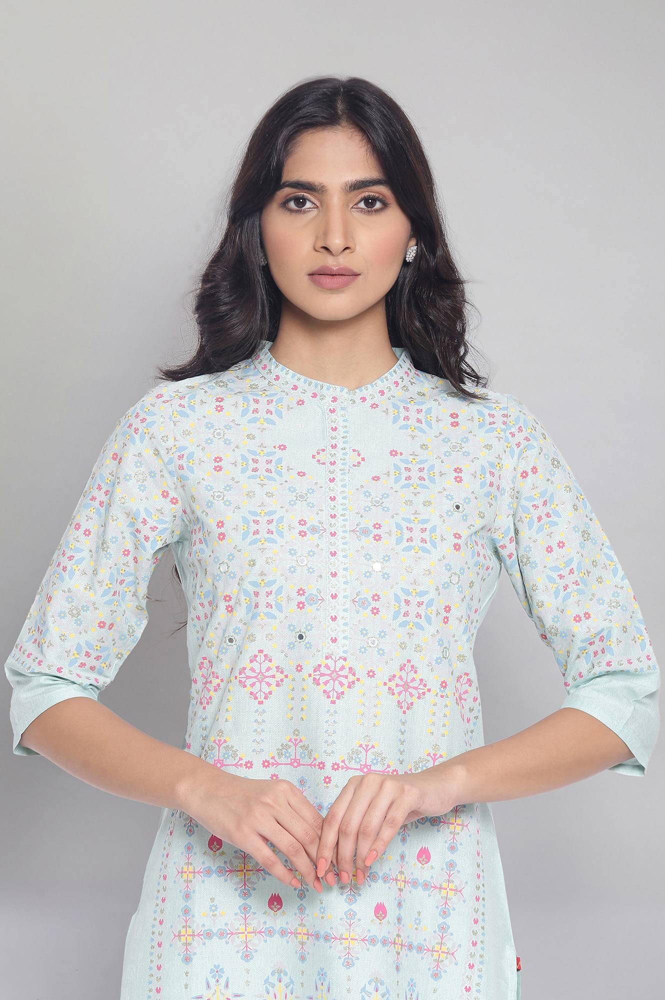 Light Green Printed kurta with Embroidery - wforwoman