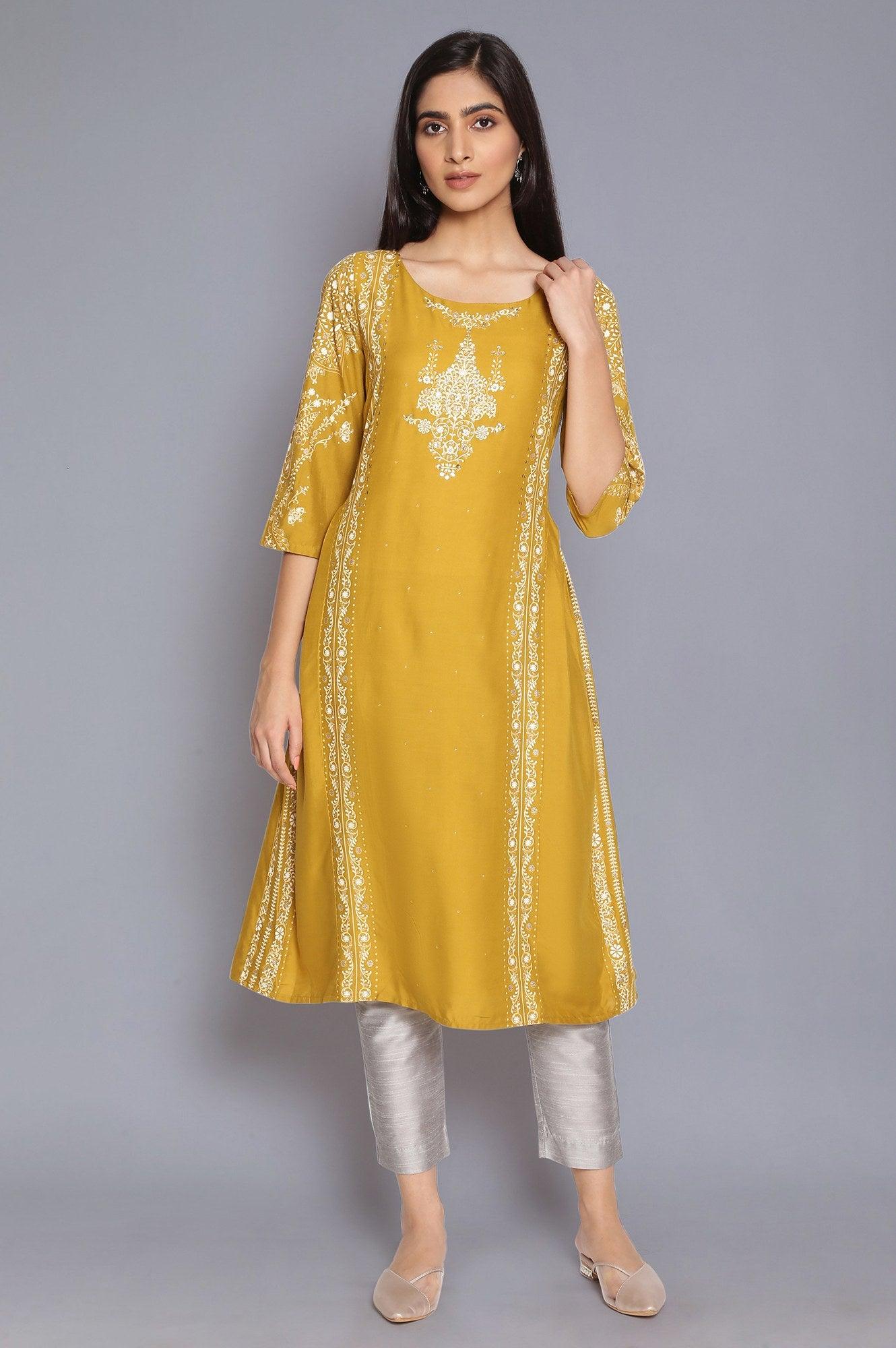 Green Printed kurta with Side Pleats - wforwoman