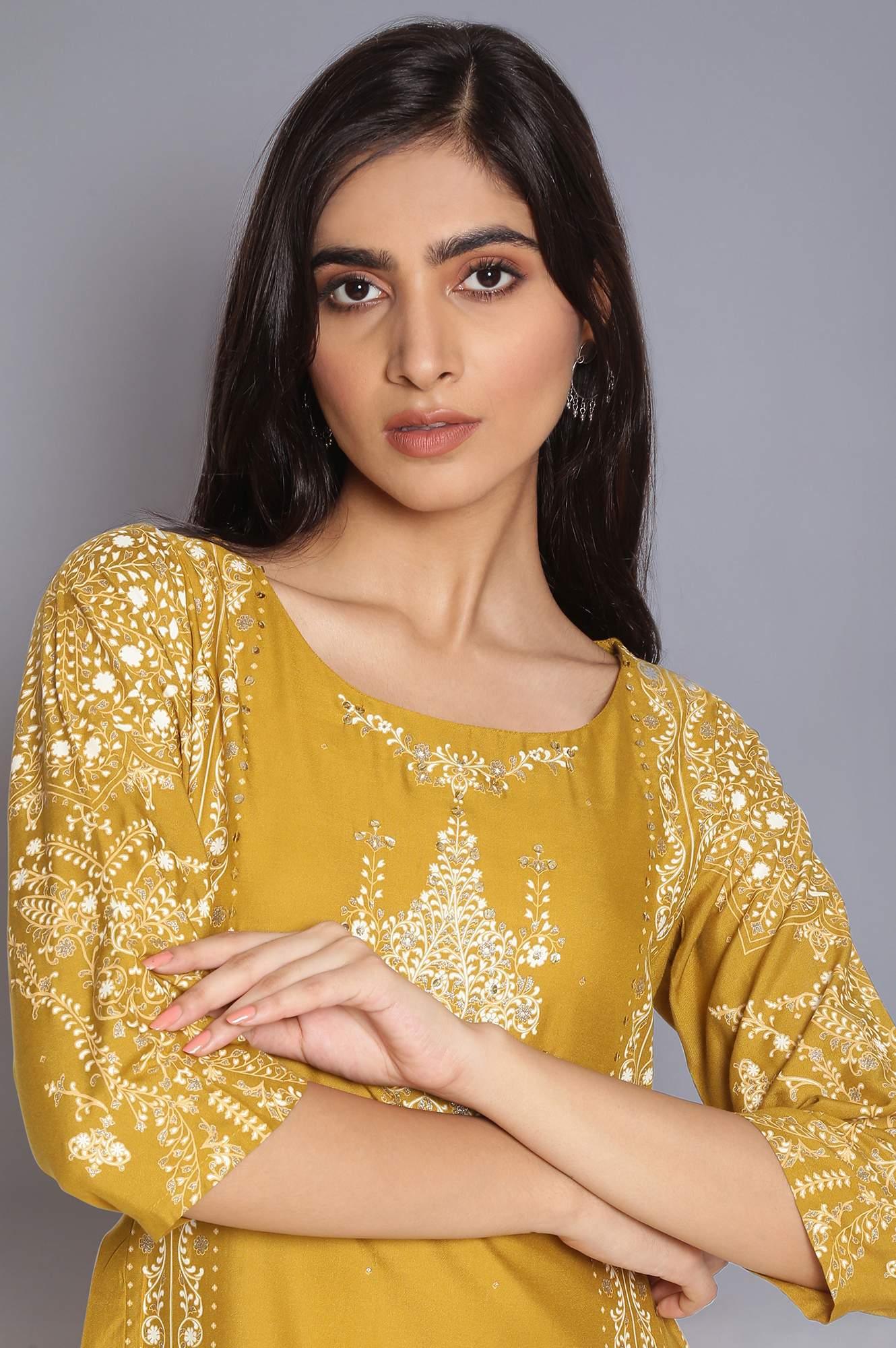 Green Printed kurta with Side Pleats - wforwoman