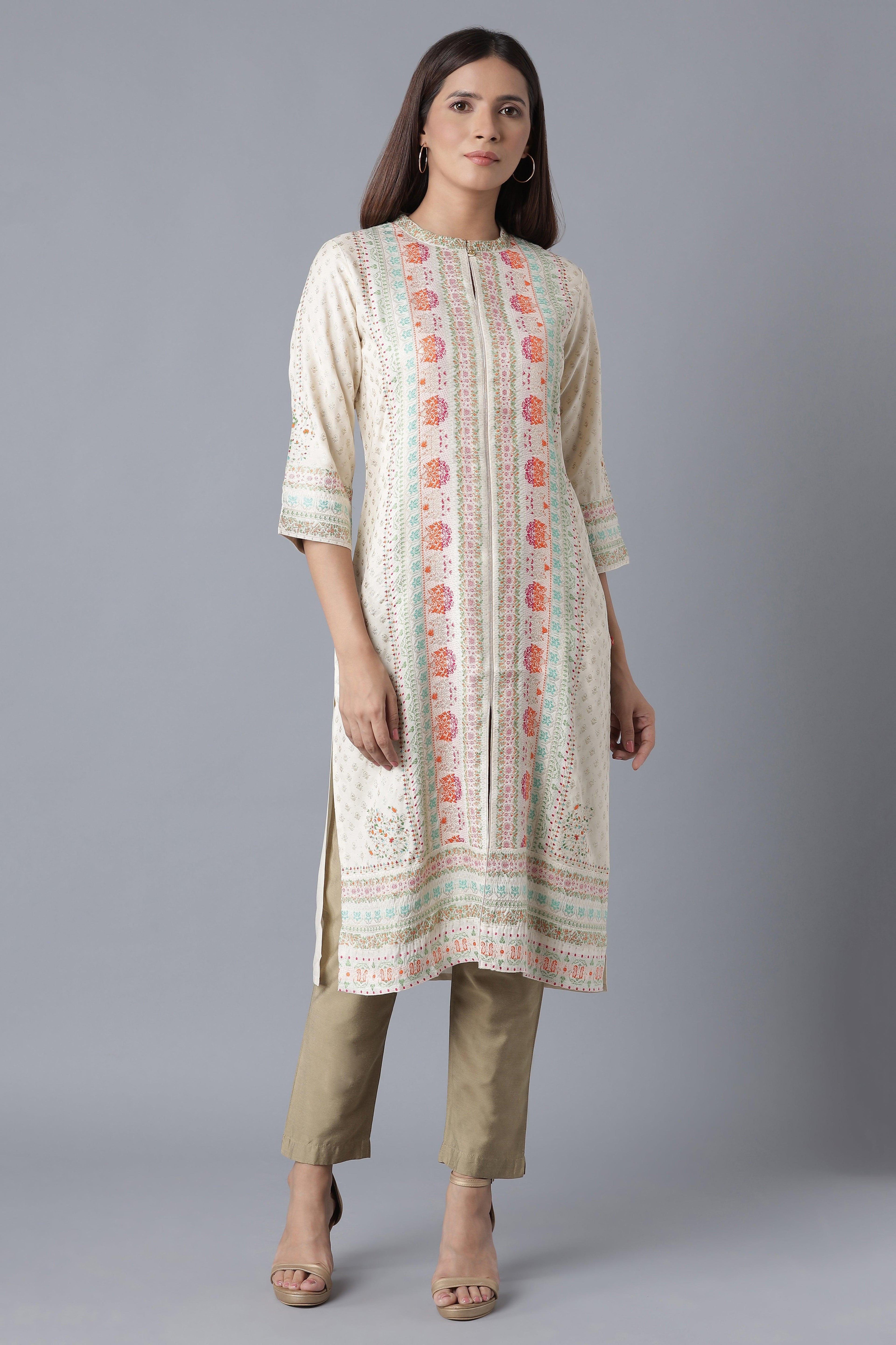 Ecru Floral Print kurta with Sequin - wforwoman