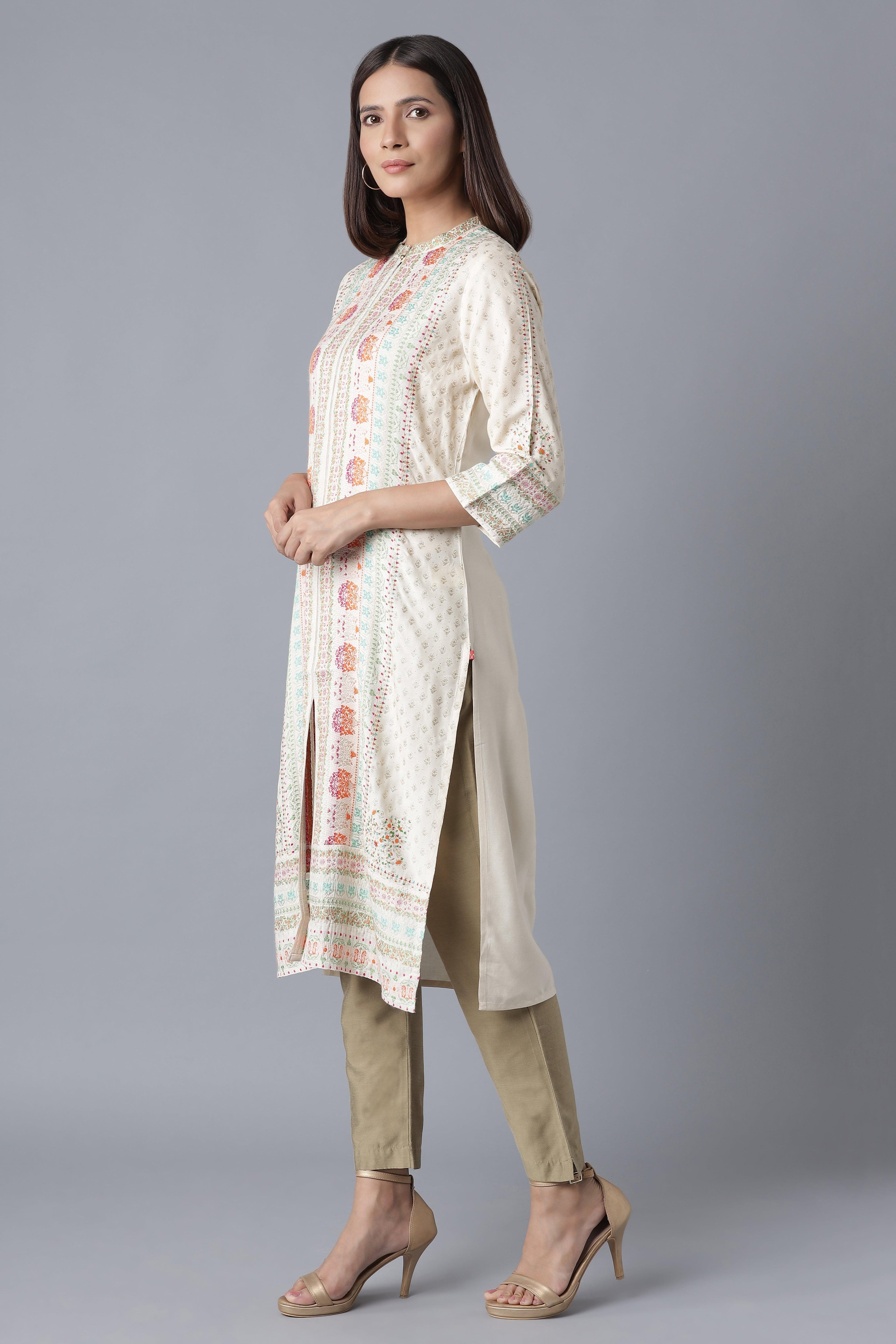 Ecru Floral Print kurta with Sequin - wforwoman