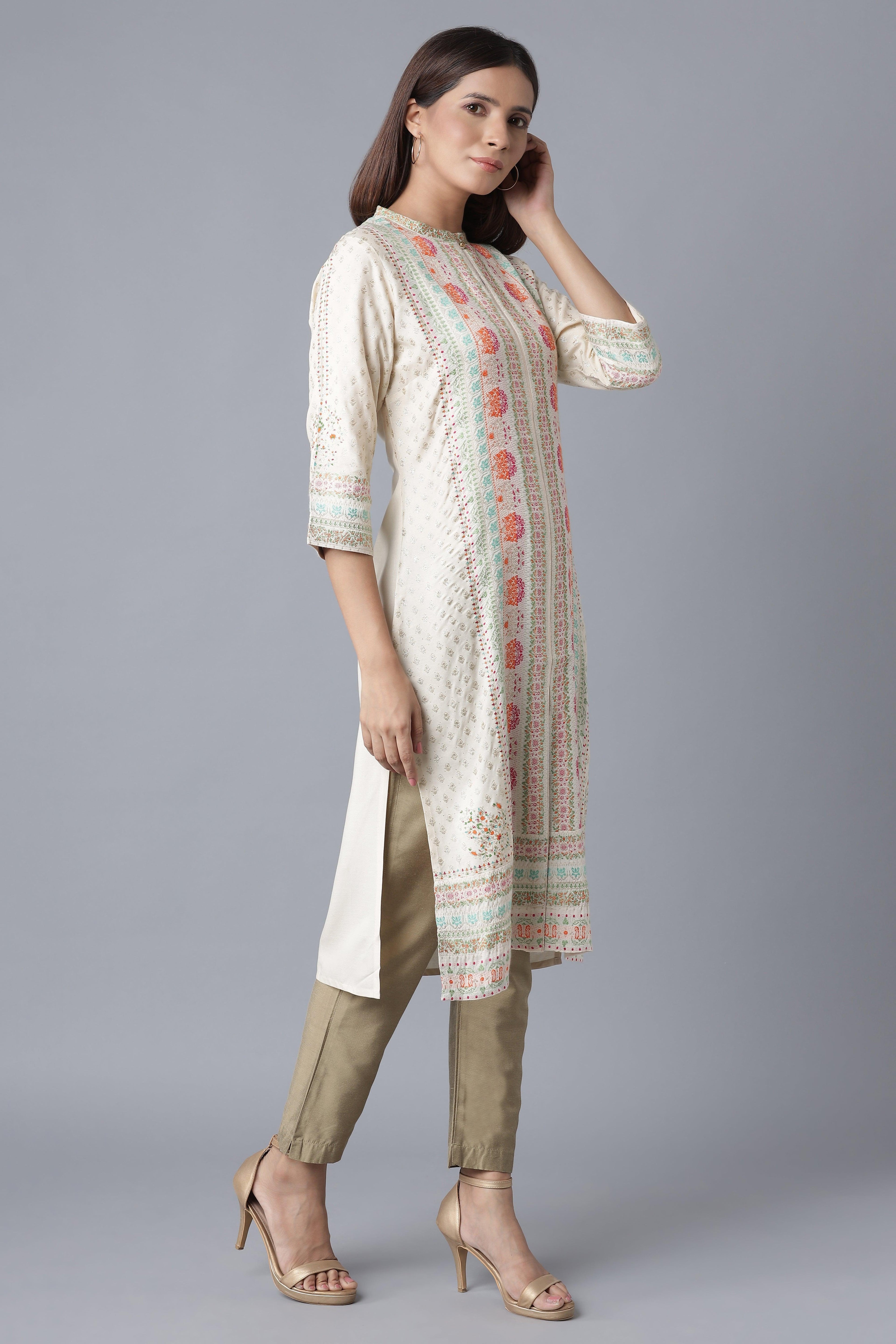 Ecru Floral Print kurta with Sequin - wforwoman