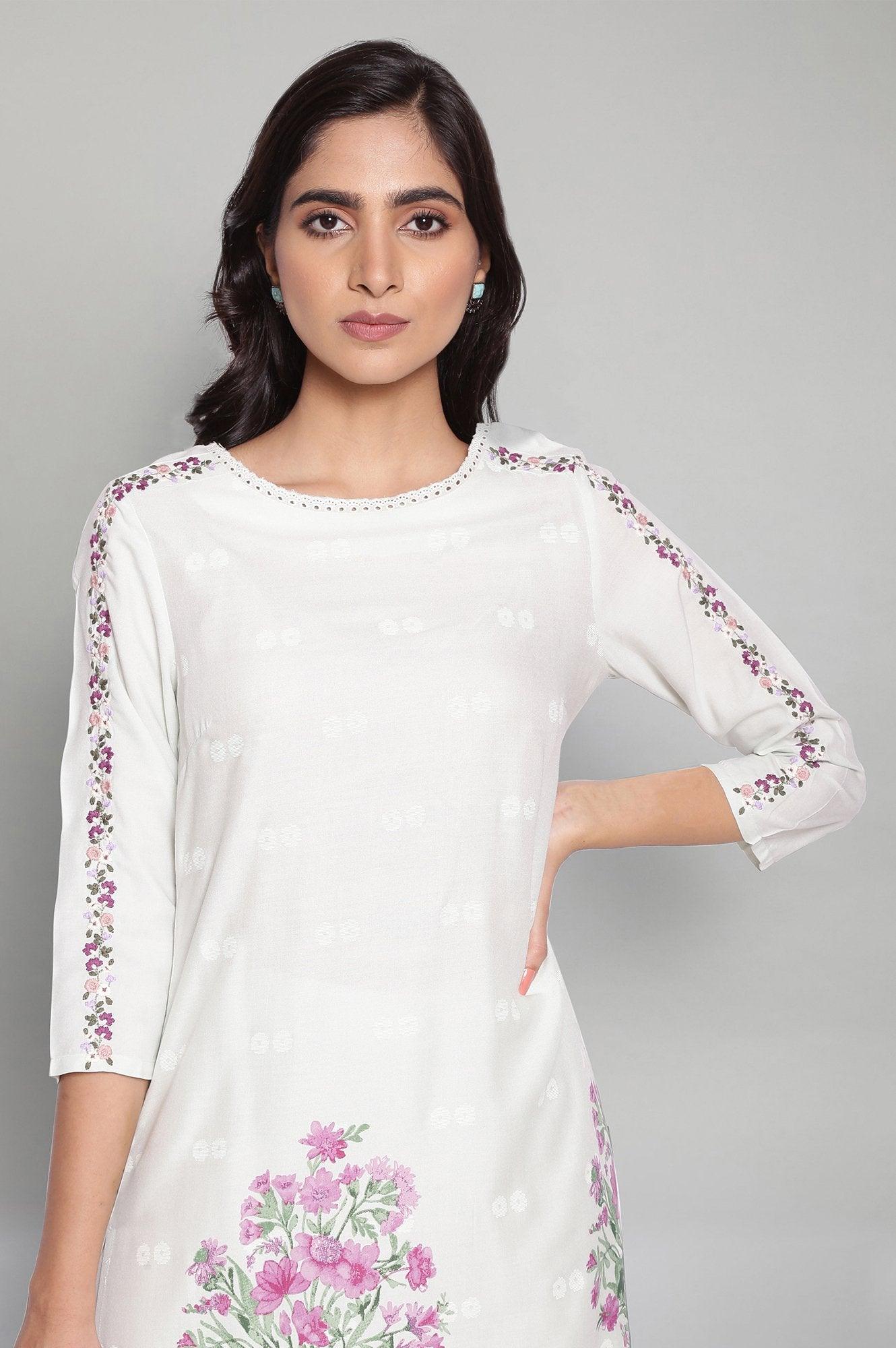 Light Blue Printed kurta with Embroidery and Lace - wforwoman