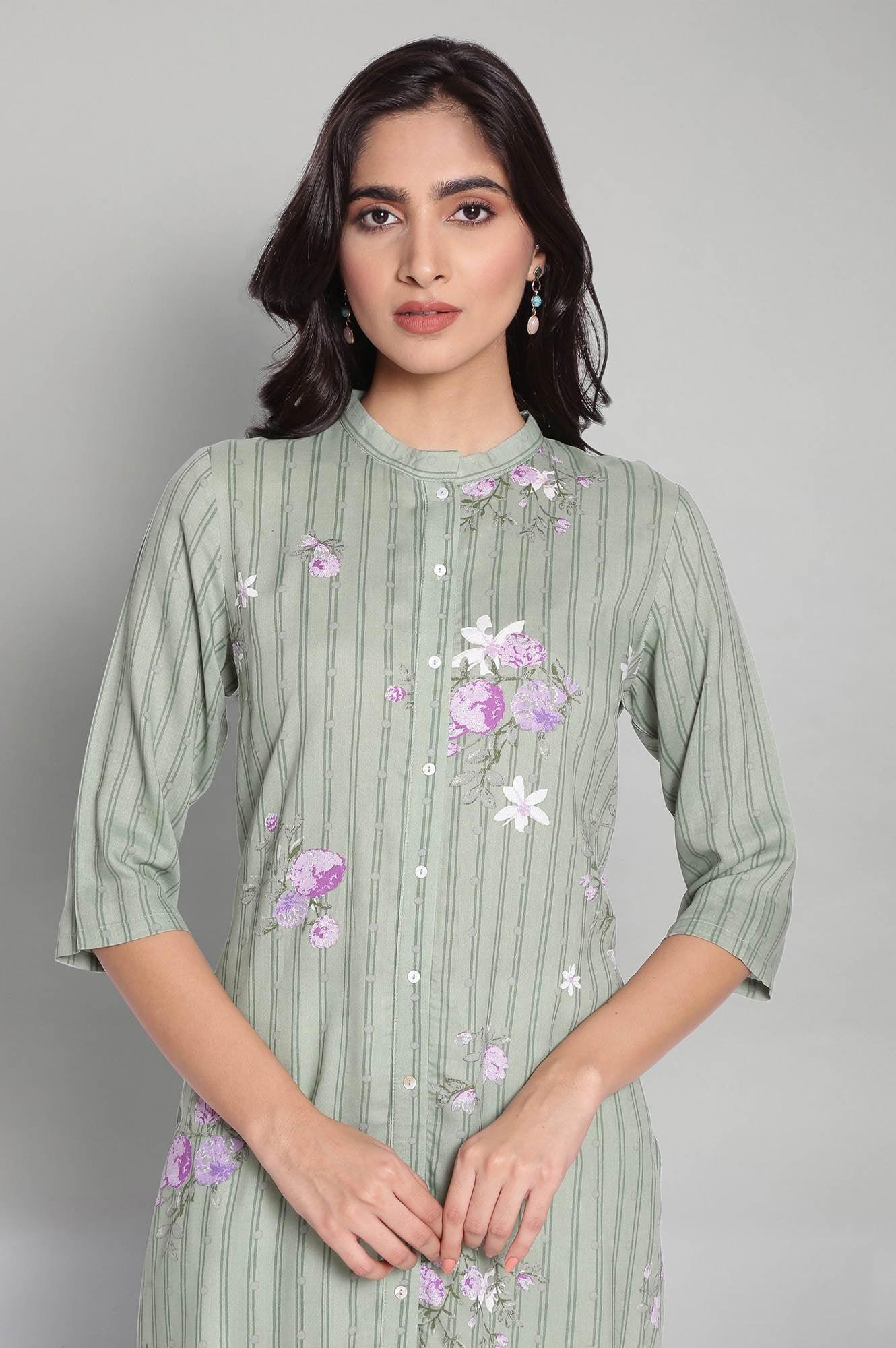 Cameo Green Floral Print kurta - wforwoman