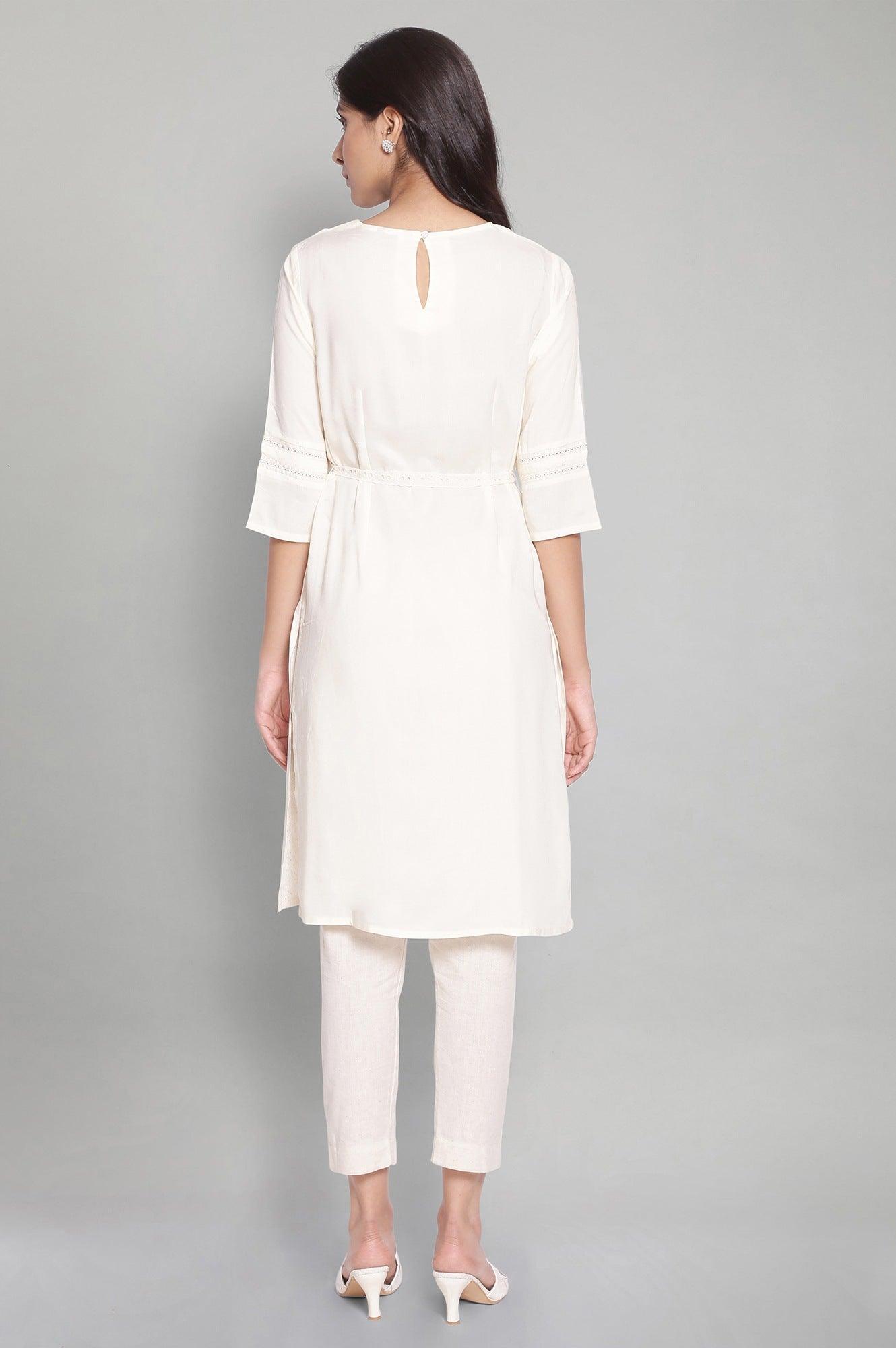 Ecru Solid kurta with Belt - wforwoman