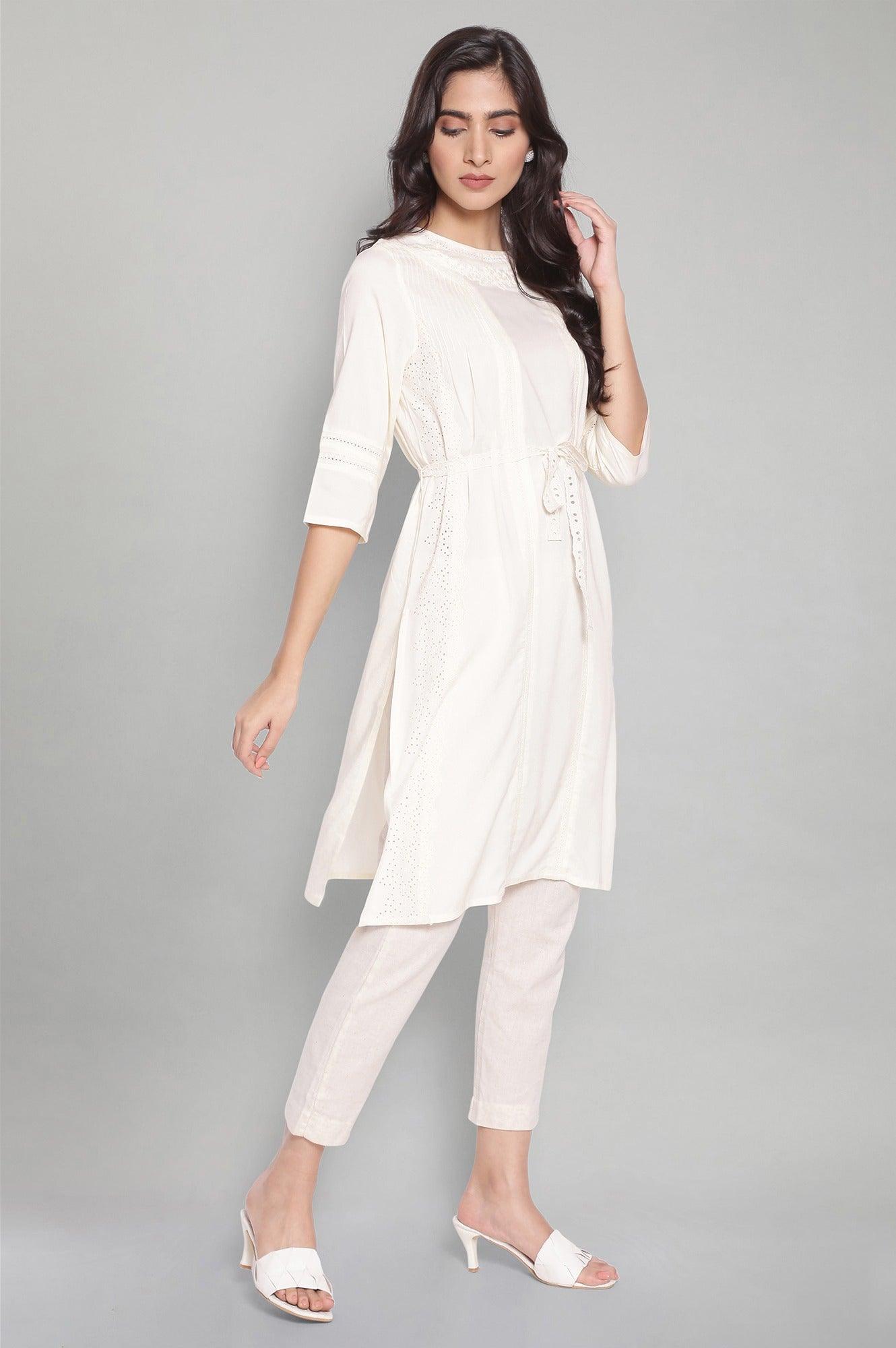 Ecru Solid kurta with Belt - wforwoman