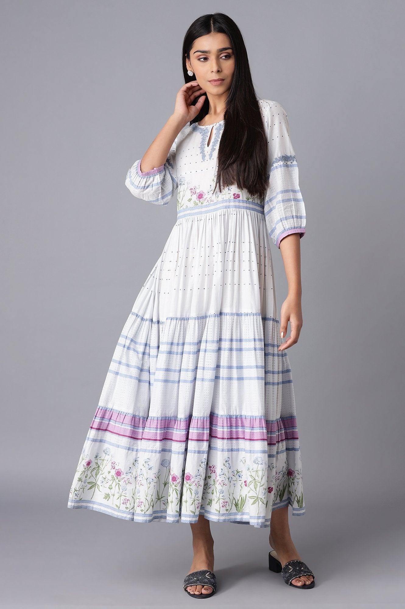 Light Blue Tiered Dress with Embroidery - wforwoman